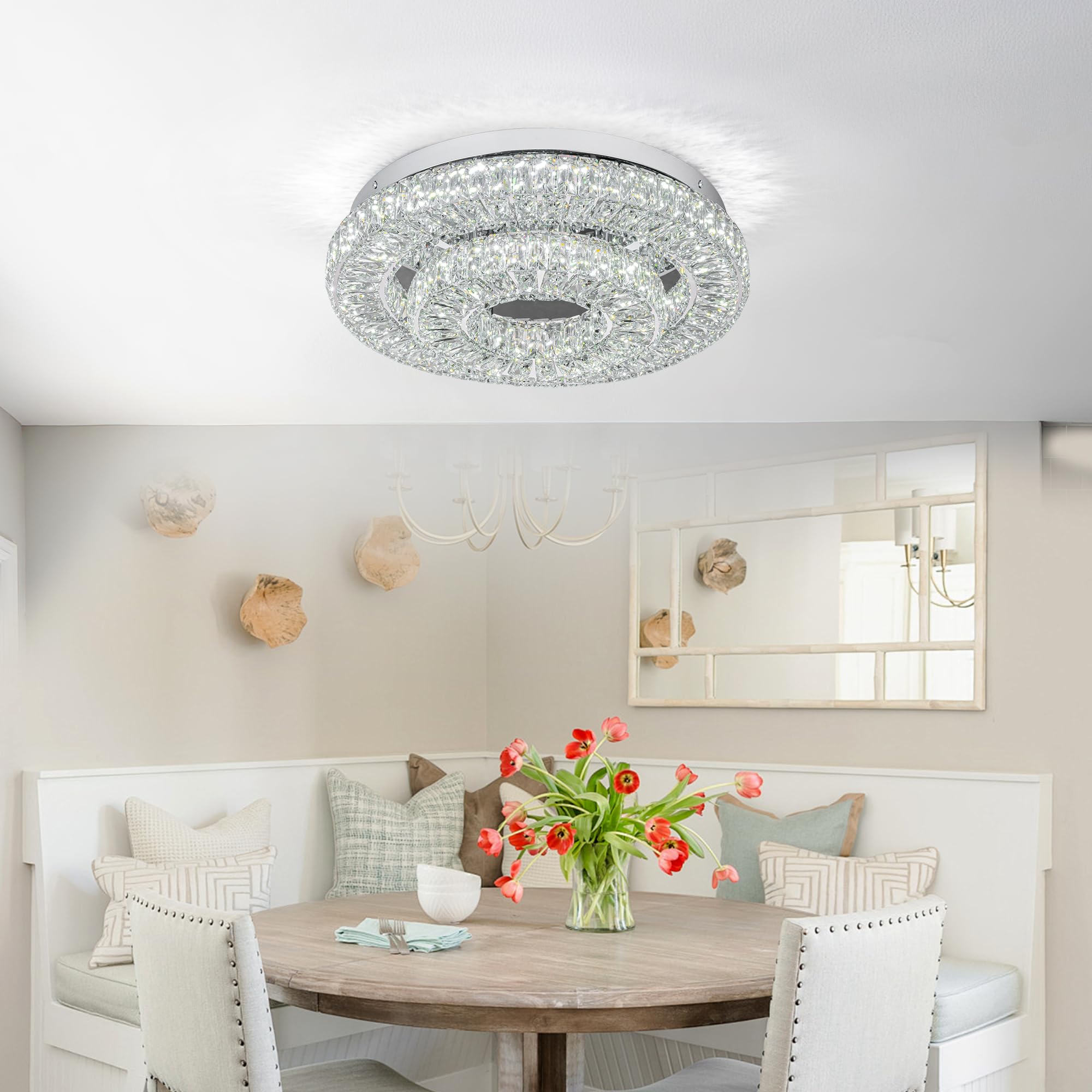 11.8" Crystal Chandelier LED Crystal Flush Mount Ceiling Light Modern Crystal Chandeliers for Bedrooms Dining Room Hallway (6500K Cool White) Without Remote Control