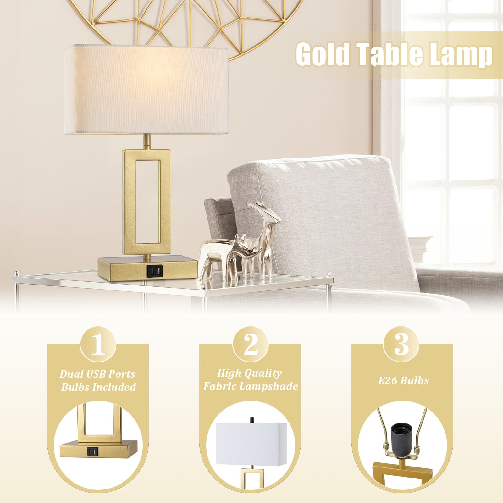 Silver Table Lamps Set of 2 with Dual USB Ports,3-Way Dimmable Touch Control Bedside Lamps,Modern Bedroom Table Lamp for Living Room,Nightstand LED Bulbs Included