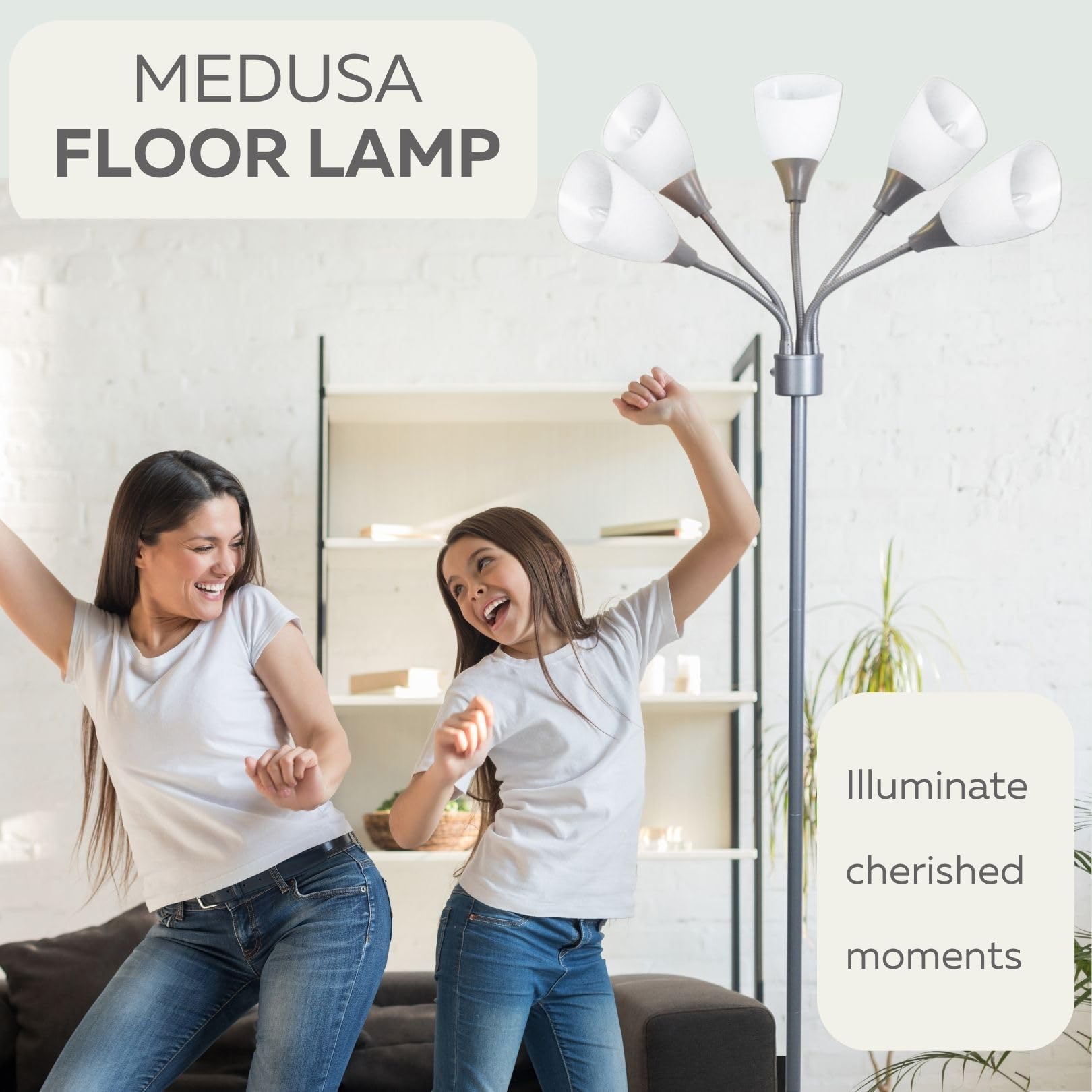 Modern Multi-Head Medusa Floor Lamp - 5 Light Standing Lamp for Bedroom and Living Room with Positionable Acrylic White Shades & 3-Light Mode Switch - Tall Black Floor Lamp for Living Room Decor