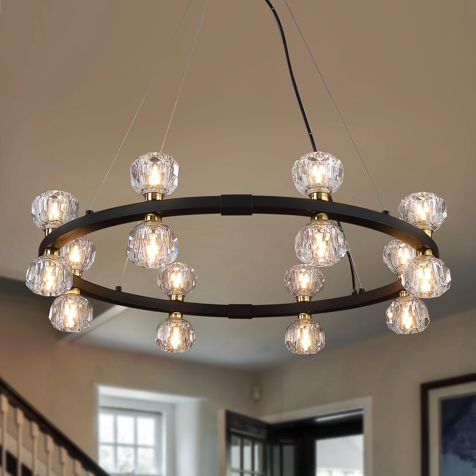 Black Modern Crystal Chandeliers,Farmhouse Rectangle 16-Light Dining Room Light Fixtures for Kitchen Island Bar Living Room UL Listed 𝐋𝟑𝟓.𝟓"