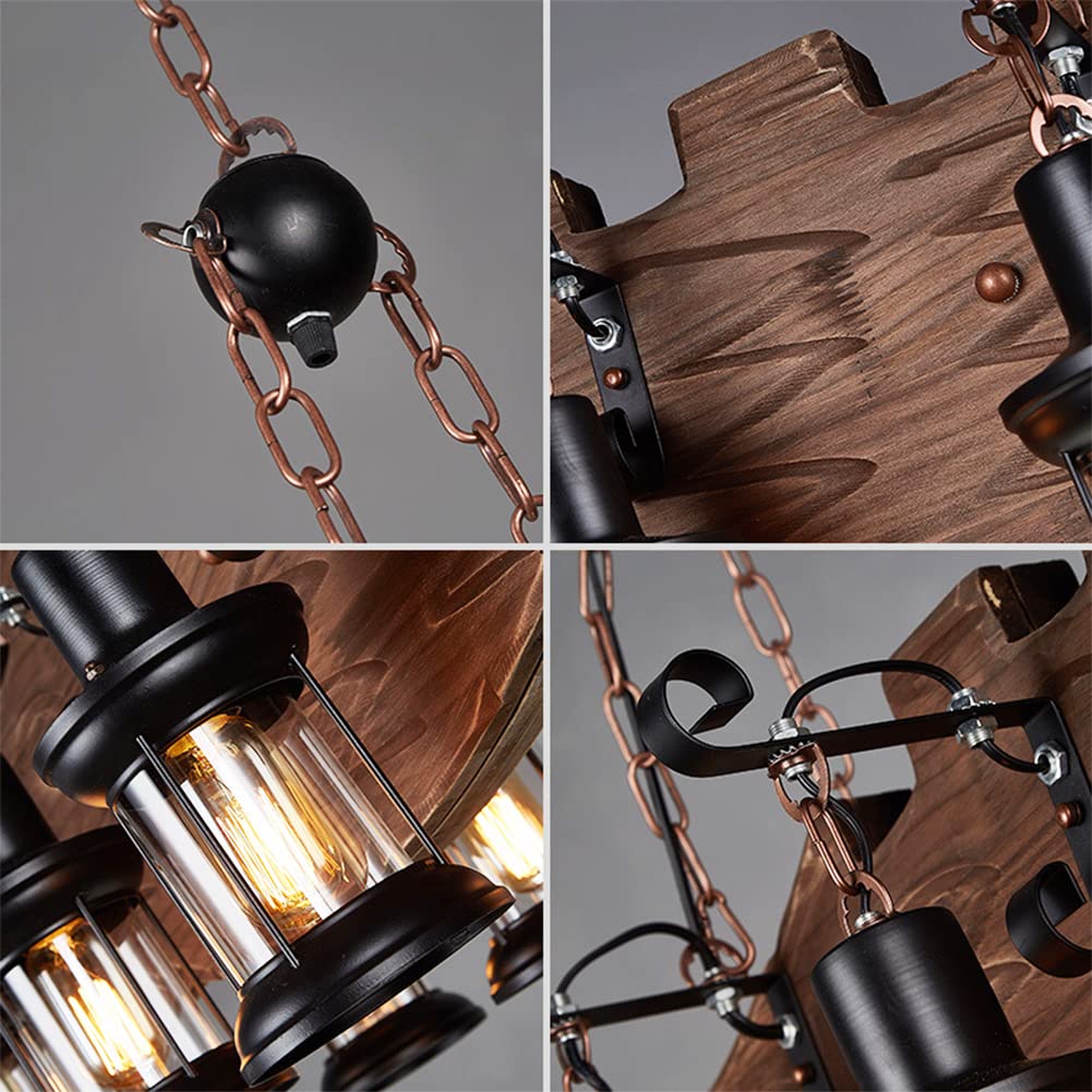 8 Lights Industrial Retro Wooden Chandelier Pendant Light Island Hanging Ceiling Fixture Vintage Farmhouse Wood Light Adjustable Chain for Home Cafe Bar Restaurant (39.4")