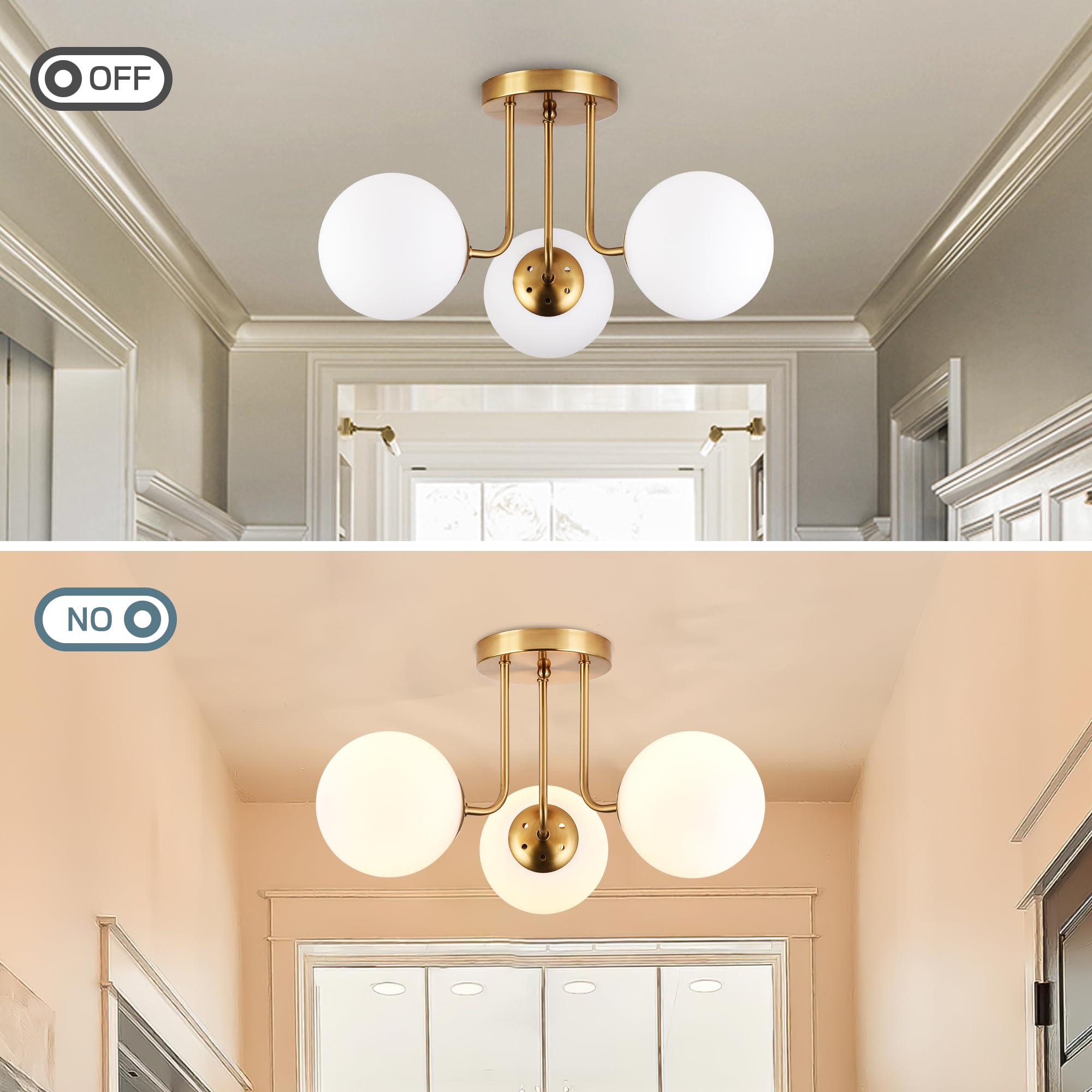 KoKo&Yukina 3-Light Semi Flush Mount Ceiling Light Globe Ceiling Light Mid Century Ceiling Light with Opal Milk Glass Globe & Brushed Brass for Bedroom Hallway Entryway Kitchen Living Room-Bulb Incl