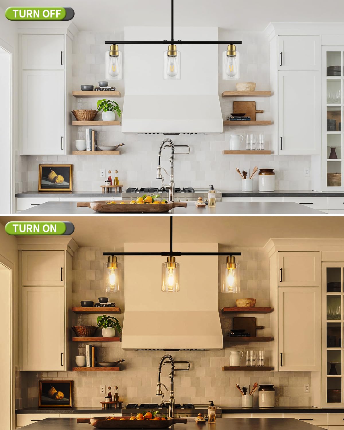 3 Lights Kitchen Island Lighting, Black Pendant Light Fixtures with Glass Shade Dining Room Light Fixture Adjustable Farmhouse Chandelier Modern Pendant Lights Ceiling Hanging Lighting E26 Base