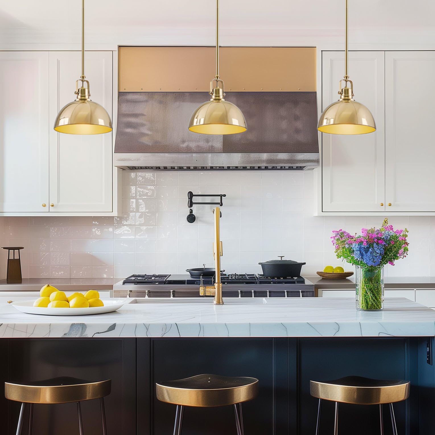 9" Contemporary Industrial Pendant Light, Adjustable Length + Shade Swivel Joint, Brushed Brass Finish