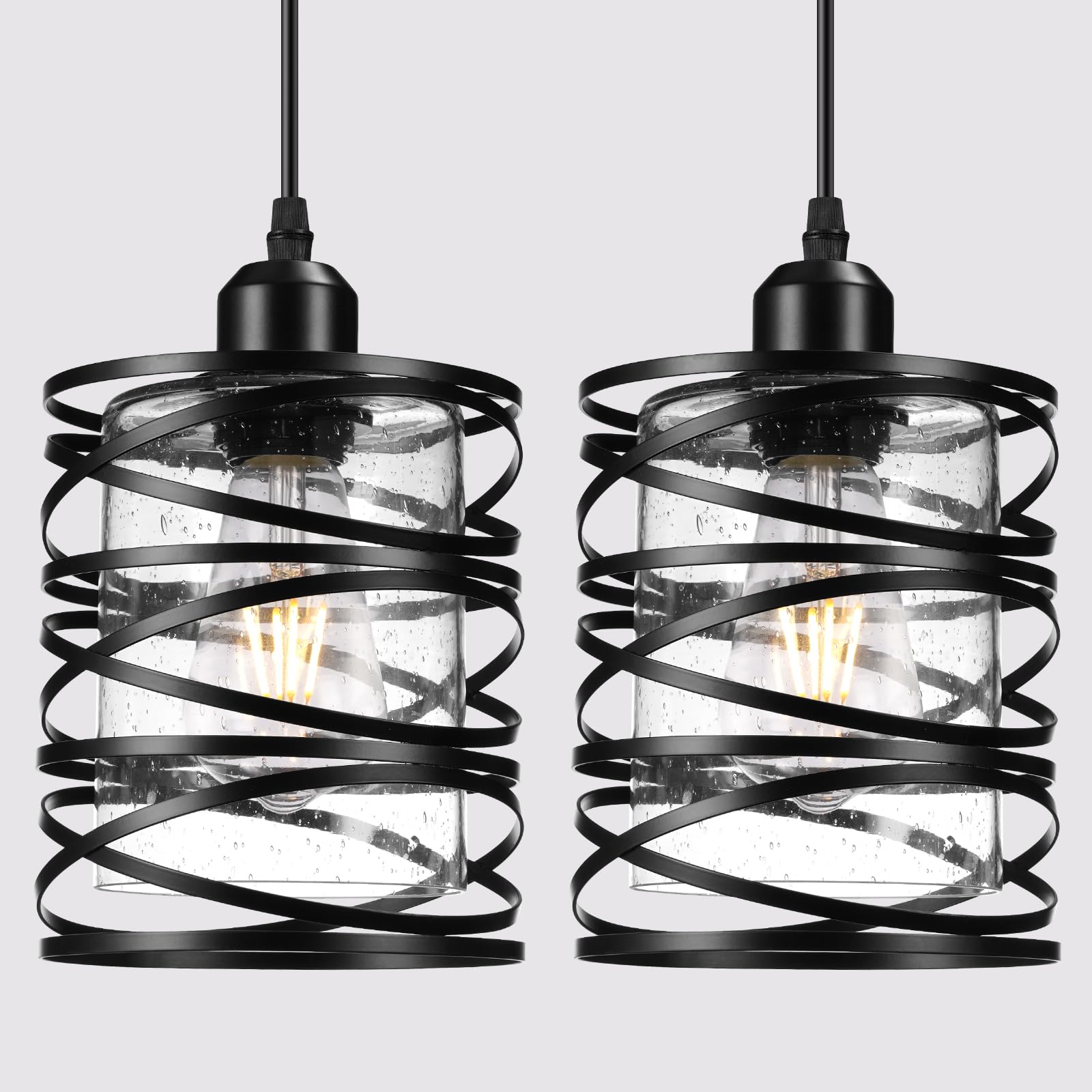 3 PACK Industrial Pendant Lights Kitchen Island, Black Hanging Kitchen Lights, Adjustable Kitchen Pendant Lighting over Island, Modern Seeded Glass Shade Island Lights for Kitchen, Dining Room, Bar