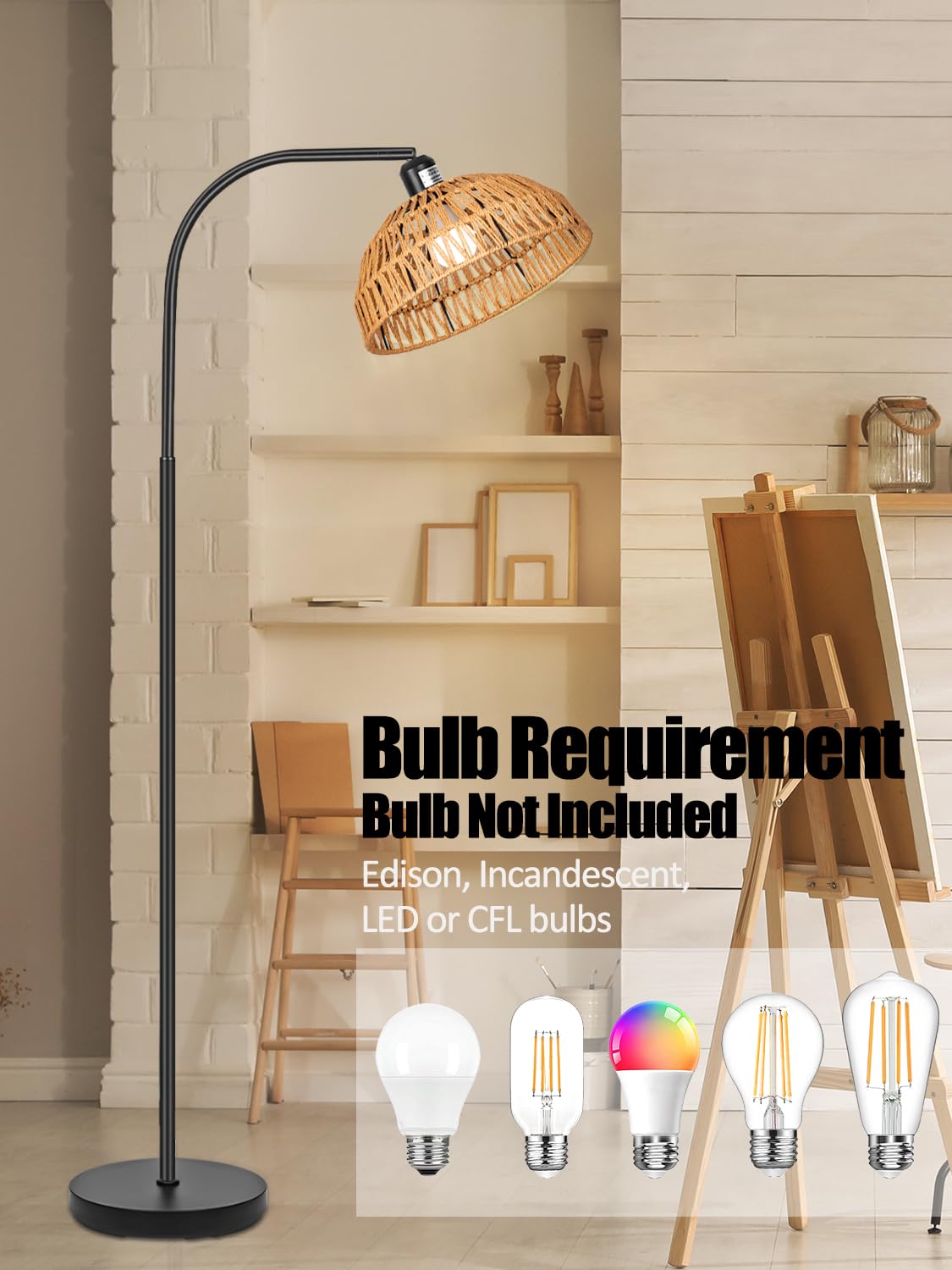 Rattan Floor Lamp- Boho Standing Lamp with Remote Control and Dimmable Bulb, Hand-Worked Adjustable Rattan Shades, Black Farmhouse Tall Lamp, Boho Arc Floor Lamps for Living Room, Bedroom, Office