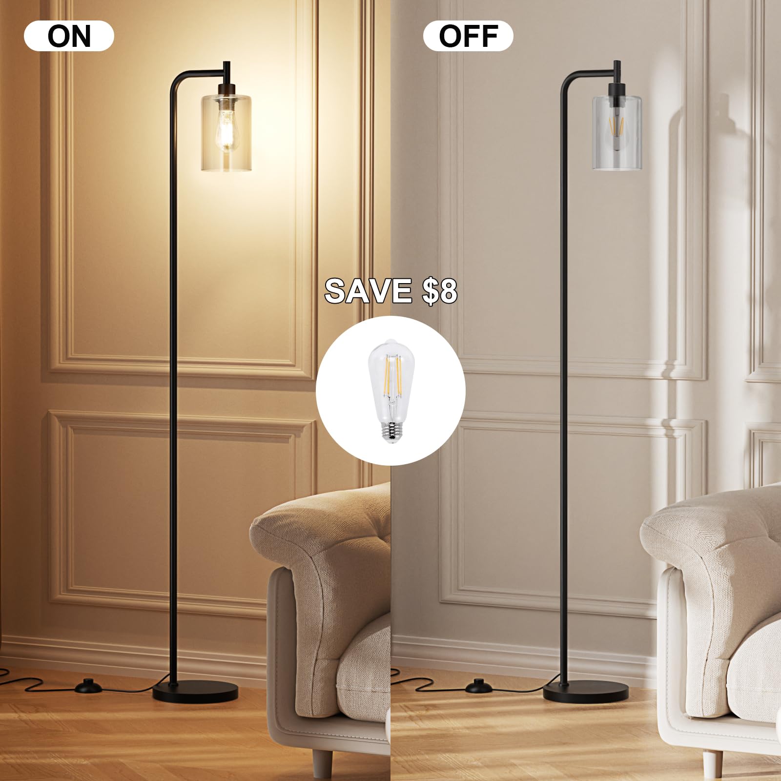 Industrial Floor Lamp with Glass Shade - Black, LED Bulbs, Foot Pedal Switch, Easy Assembly