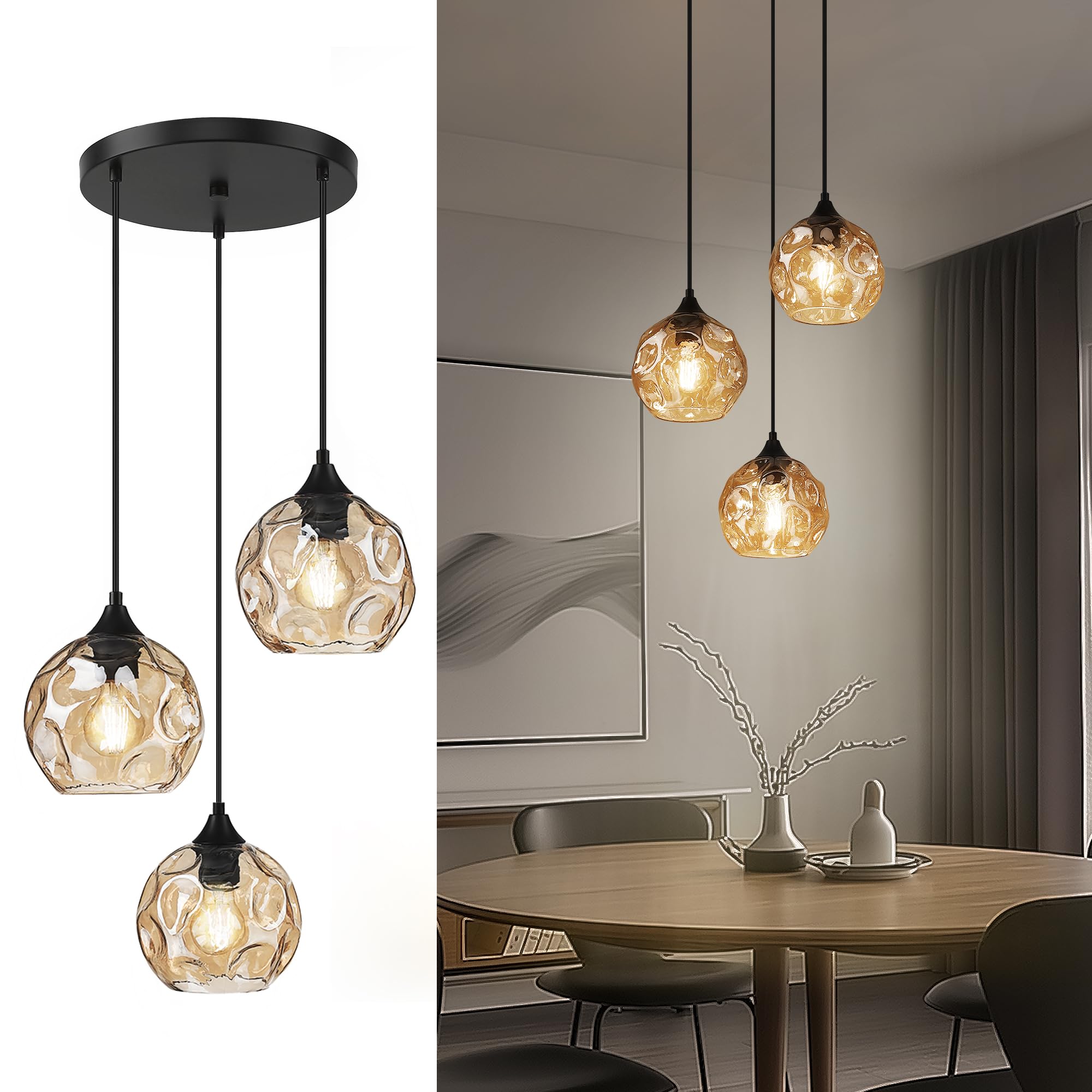 3-Light Cluster Pendant Lamp with Hammered Glass, Linear Barn Hanging Pendant Lighting for Dining Room in Amber Finish, DYE287G2-3 BK