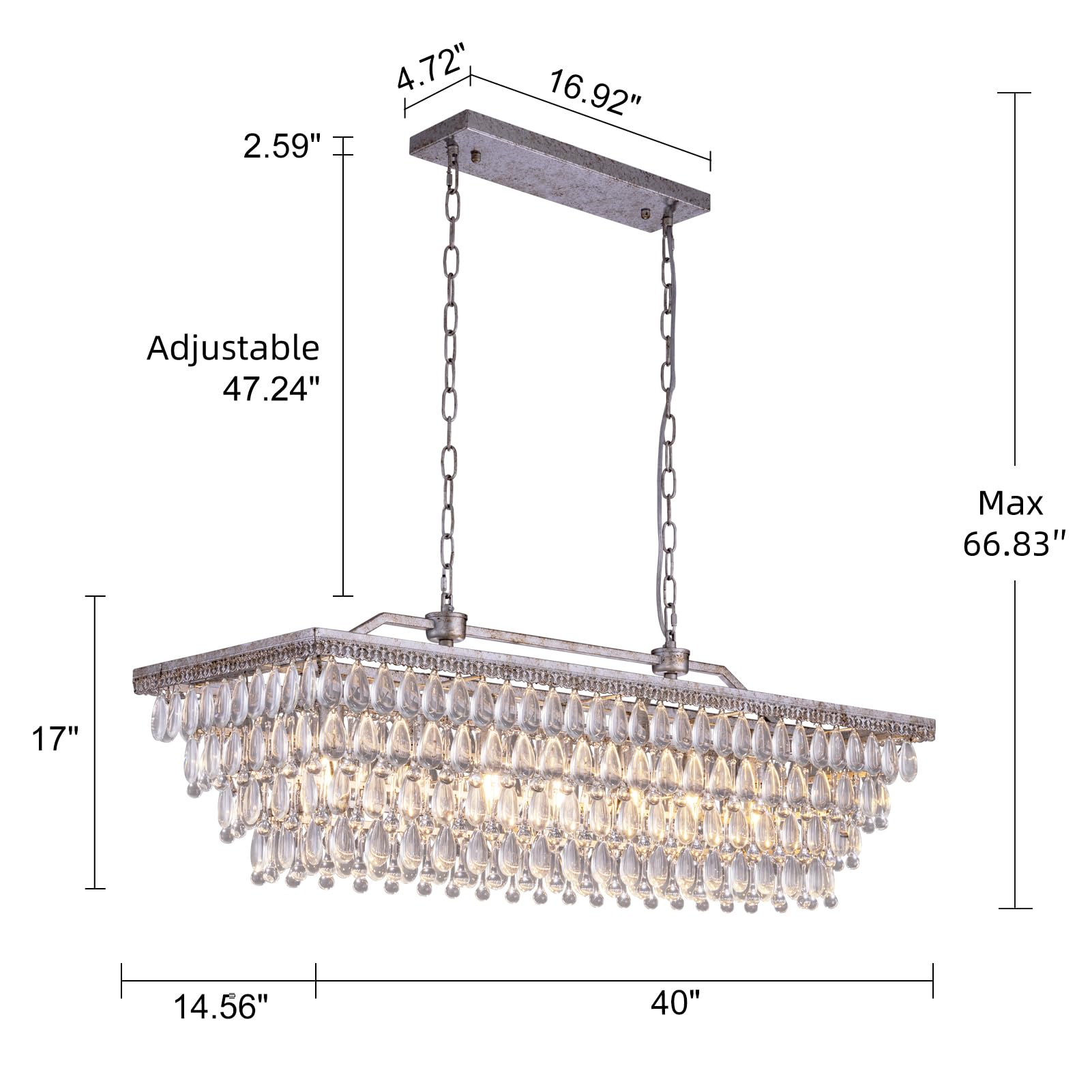 Dining Room Crystal Chandelier,30 inch Antique Bronze Rectangle Crystal Ceiling Light,4 Lights Farmhouse Kitchen Island Lighting,Adjustable Hanging Light Fixtures