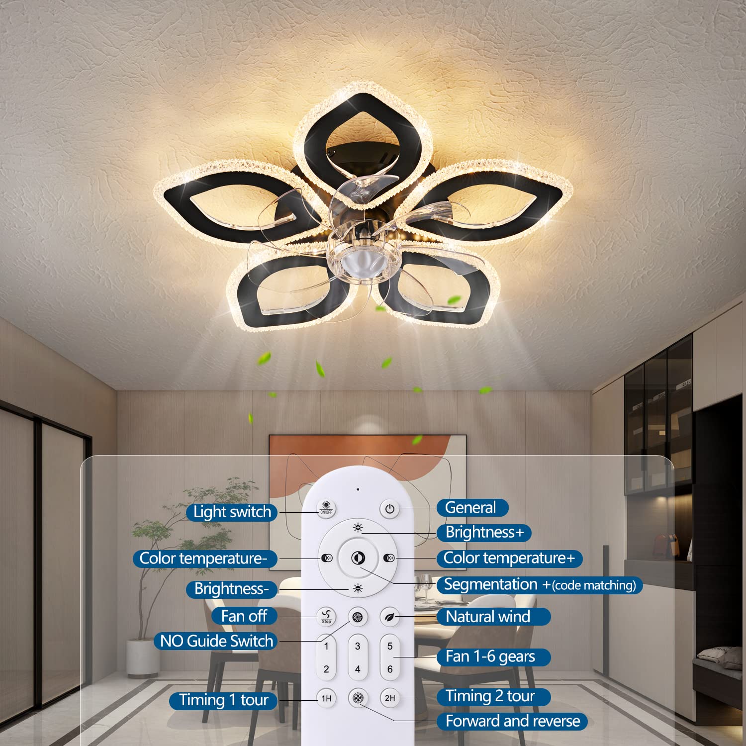 Ceiling Fan with Lights Remote Control, 24" Black, 6 Speeds 3 Light Color Low Profile Flush Mount Ceiling Fan for Kitchen Bedroom