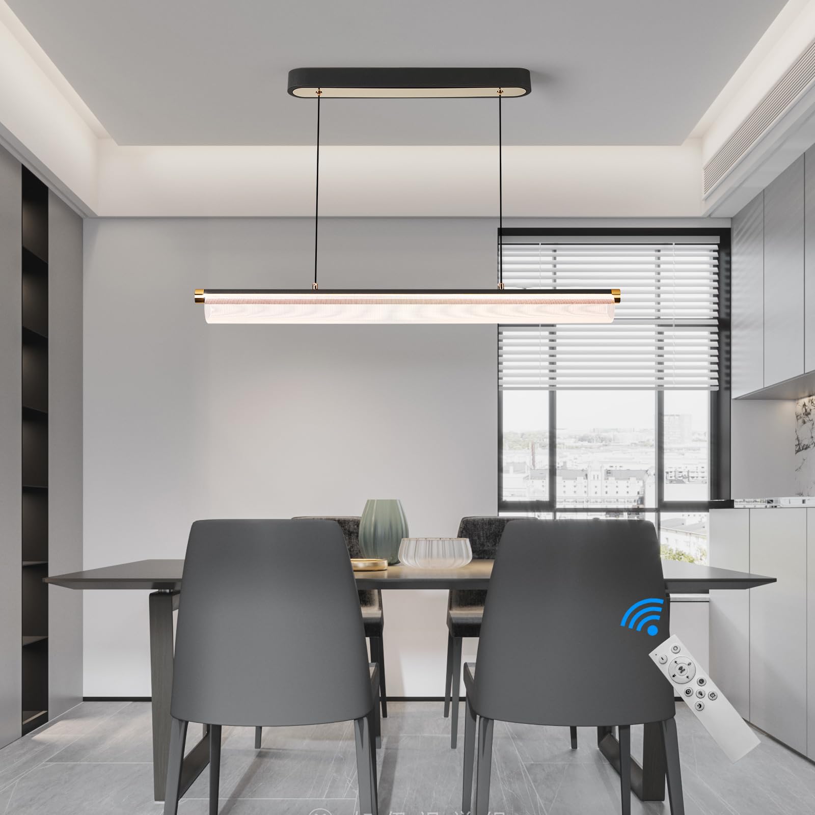 LED Kitchen Island Pendant Light, Linear Pendant, 37.9 Inch Automatic Lifting and Hovering, Modern Dimmable Restaurant Chandelier with Remote for Dining Room Kitchen Island Pool Table