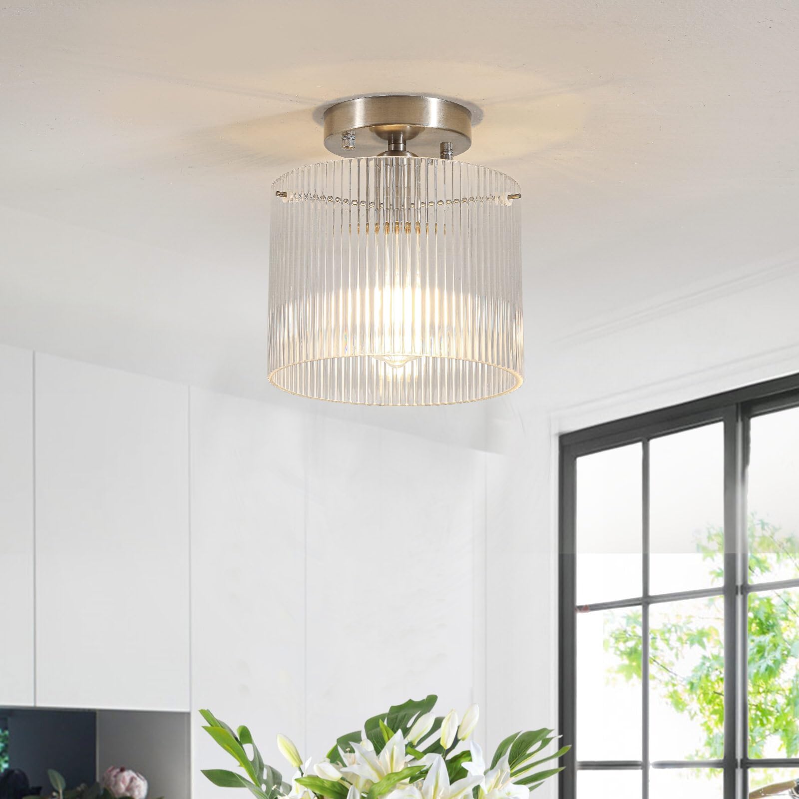 Modern Semi Flush Mount Ceiling Light, Industrial Clear Glass Ceiling Light Fixture, Crystal Ceiling Lamp, Modern Ceiling Lamps, Farmhouse Light for Entryway Hallway Kitchen Dining Room