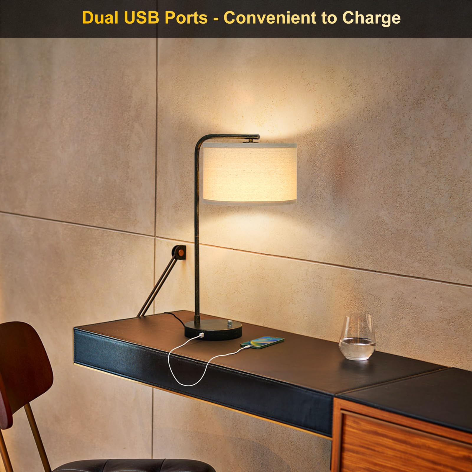 USB Bedside Lamp, Industrial Side Table Lamp with Dual USB Charging Ports, Fully Dimmable Nightstand Lamp, Tall Reading Lamp Desk Lamp for Bedroom, Living Room, Office, 9W LED Bulb Included