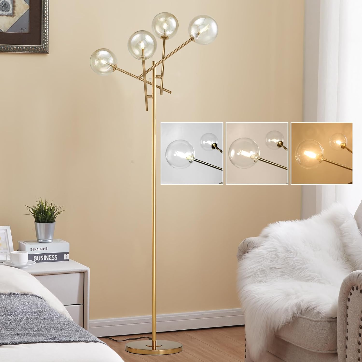 Globe Floor Lamp with 4 Glass Shade,Modern Gold Floor Lamp with Foot Switch,Tall Standing Light for Living Room Bedroom Study,Simple Assembly