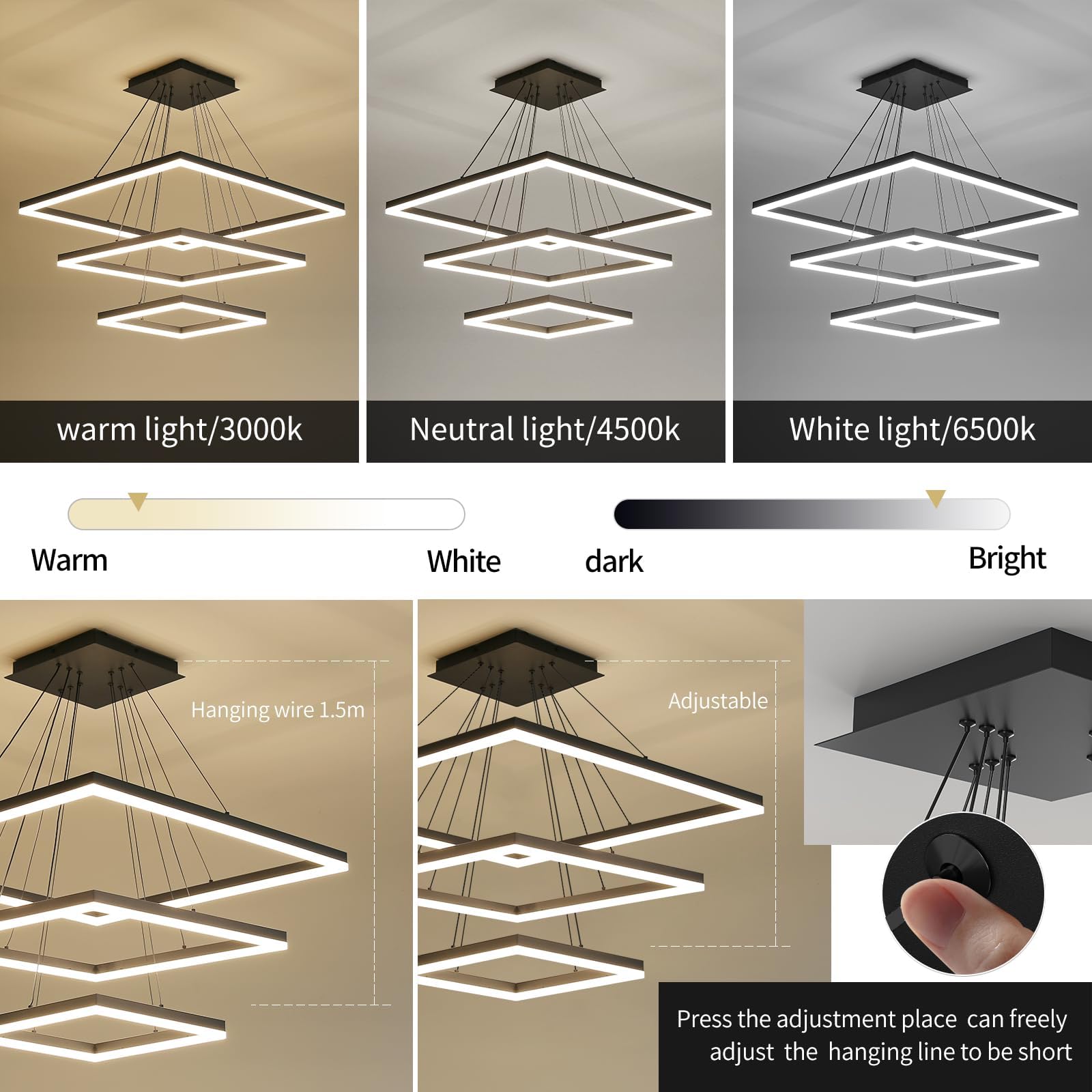 Modern LED Chandelier, Double Rectangles Ceiling Pendant Lights, LED Island Lights Dimmable Chandeliers for Dining Room Living Room Bedrooms, Black (40CM/60CM)