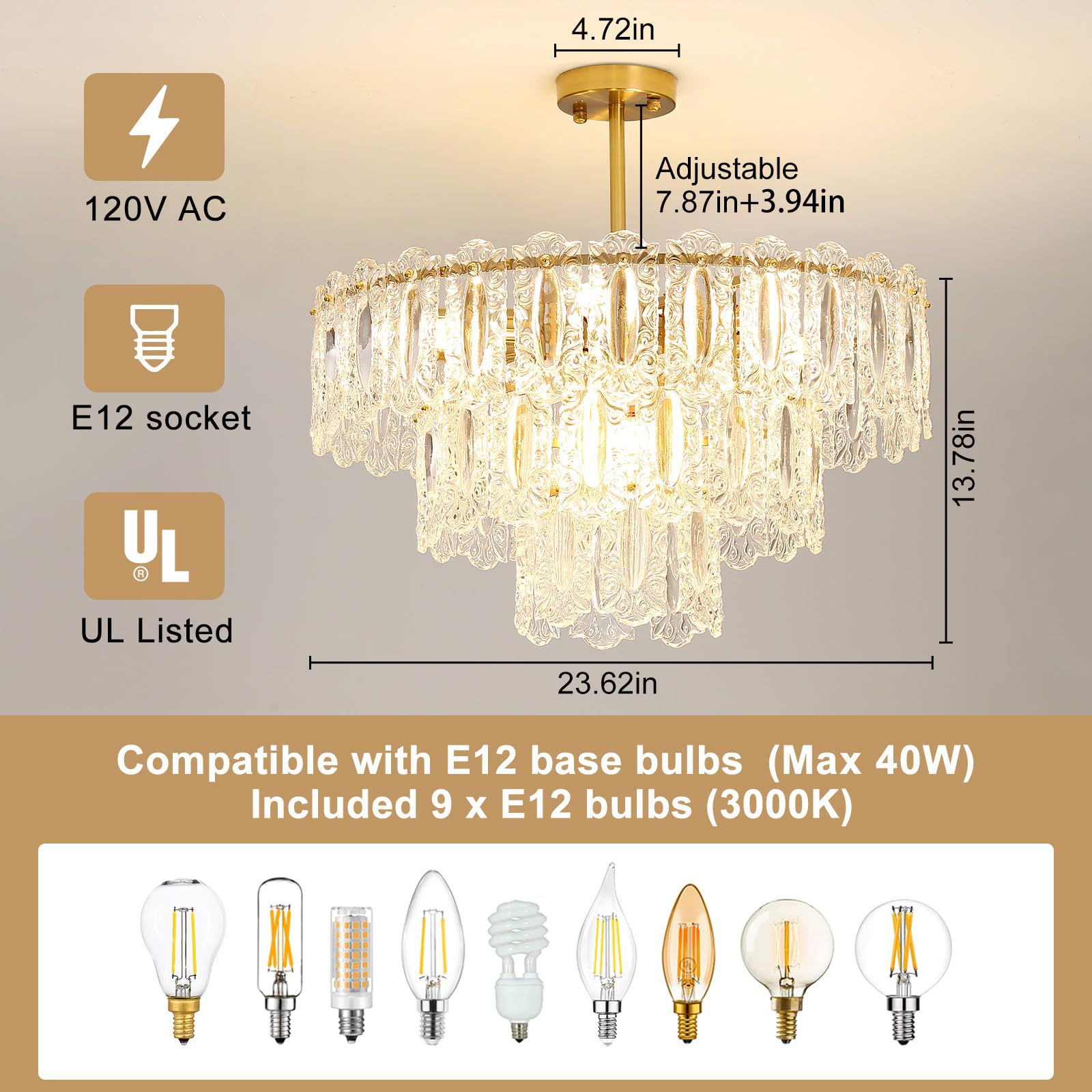 Wansi Modern Crystal Chandeliers for Bedroom: 24" Gold Crystal Hanging Ceiling Light Fixture with 3 Tiers French Glass Lampshade - Semi Flush Mount Chandelier for Dining Room Kitchen Included Bulbs