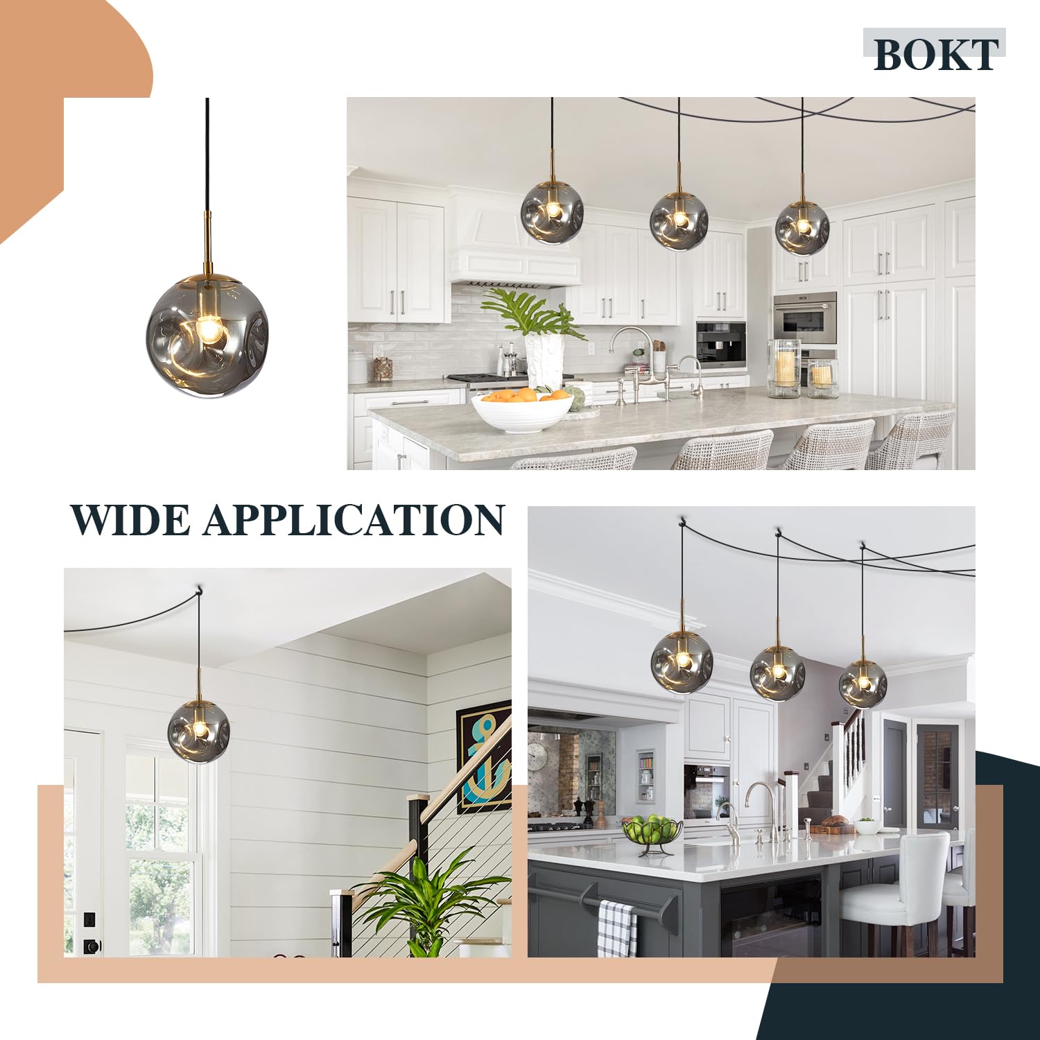 BOKT Modern Gold Kitchen Island Pendant Light Mid Century 3-Lights Globe Pendant Light Fixture Cluster Multi Light Pendant Lighting Bedside Glass Ball Pendant Lamp