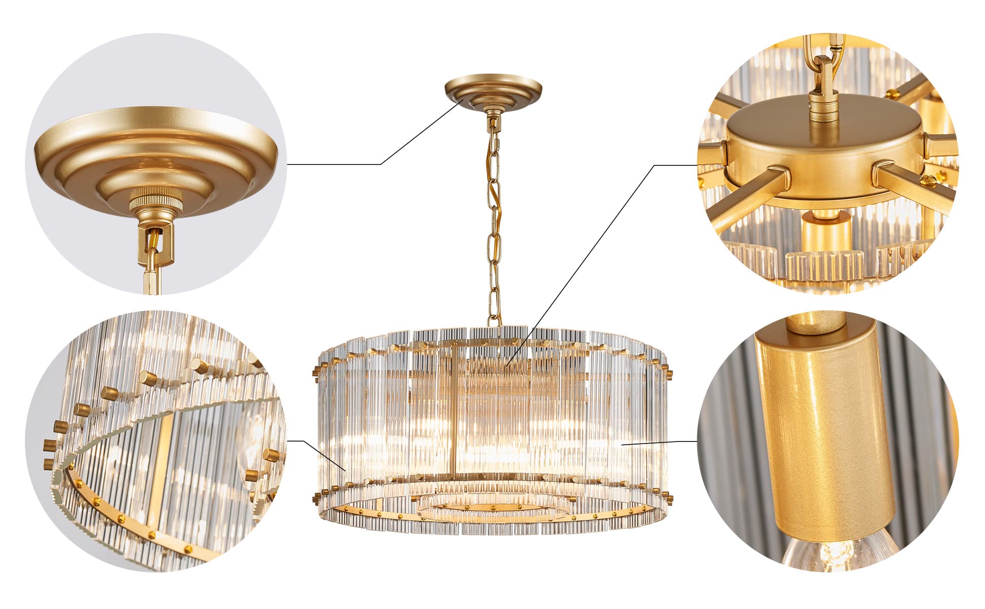 Saint Mossi 21032 Drum Chandelier Light Fixture, Doule Layer Middle Century Modern Design, with 5-Light, D18 x H10, Adjustable 59" Chains, Ripple Glass Shade & Gold Finish Metal Frame