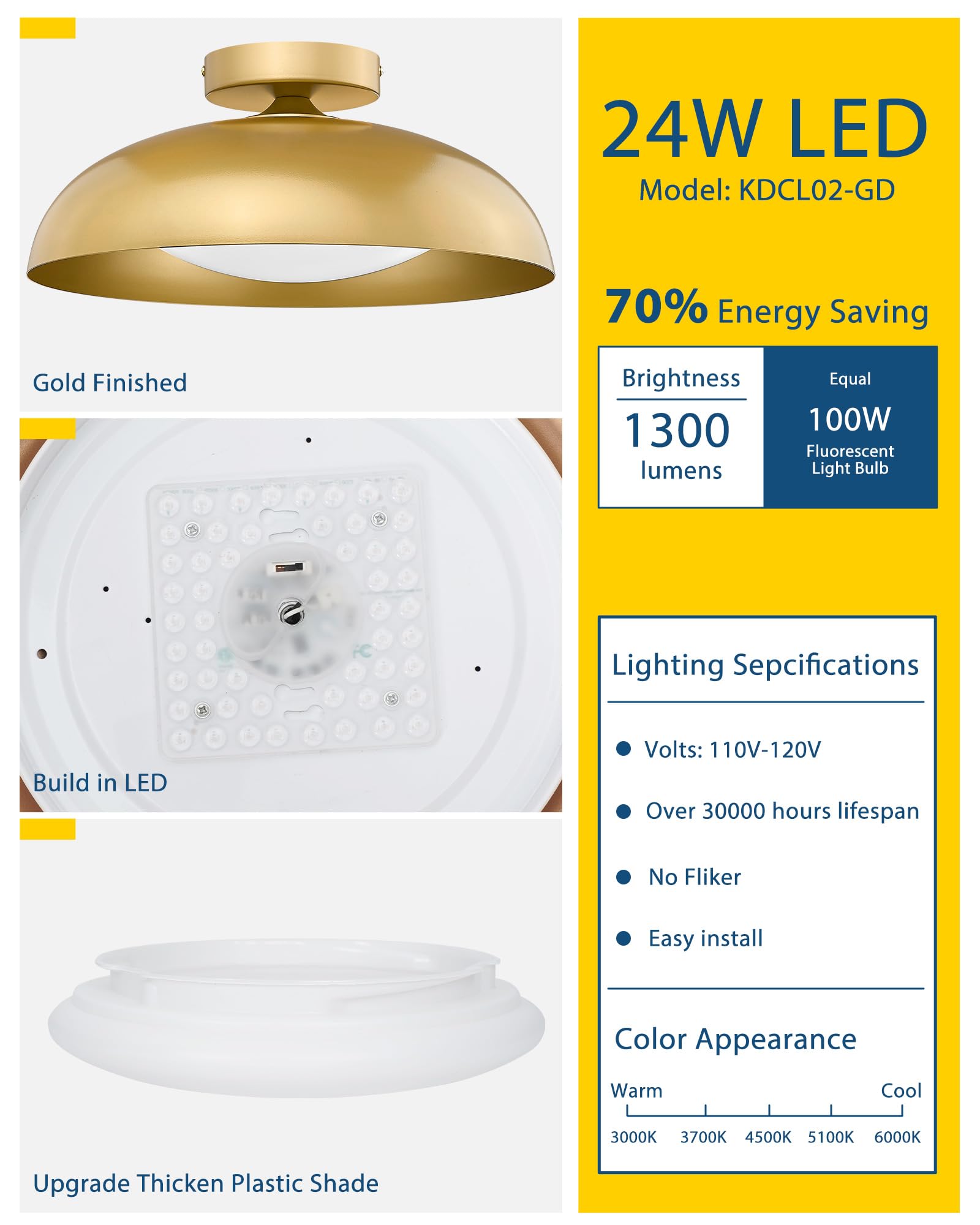 Gold Ceiling Light, 12 Inch LED Semi Flush Mount Ceiling Light Fixture, 12W/700Lm Ceiling Lights for Kitchen, Bathroom, Hallway, 3000K/4000K/6000K Adjustable, KDCL01-GD