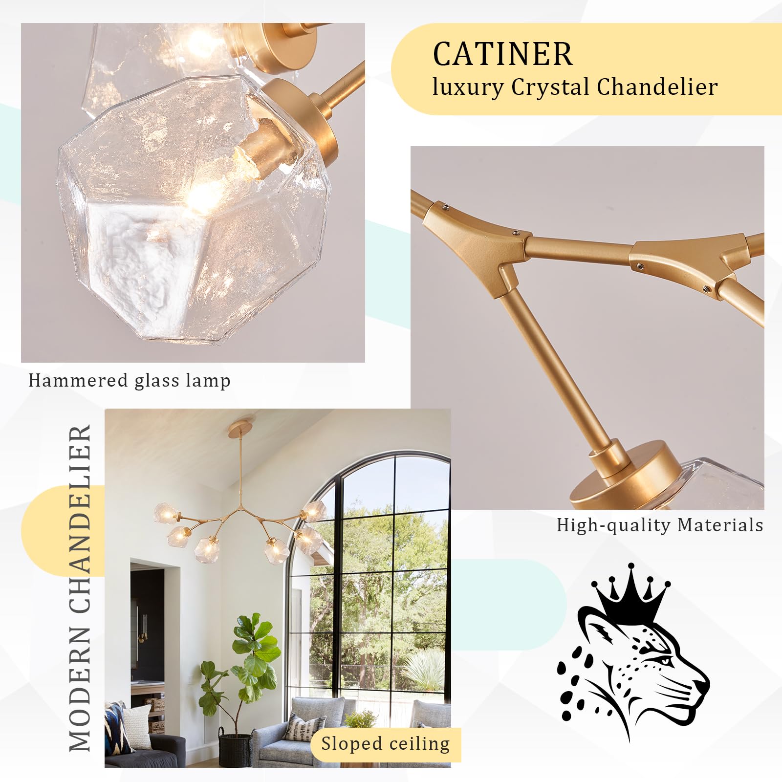 Gold Sputnik Chandeliers for Dining Room,Mid Century Crystal Glass Chandeliers 6 Lights Modern Ceiling Pendant Light Fixtures Iceberg Shape for Living Room Kitchen Island Bedroom