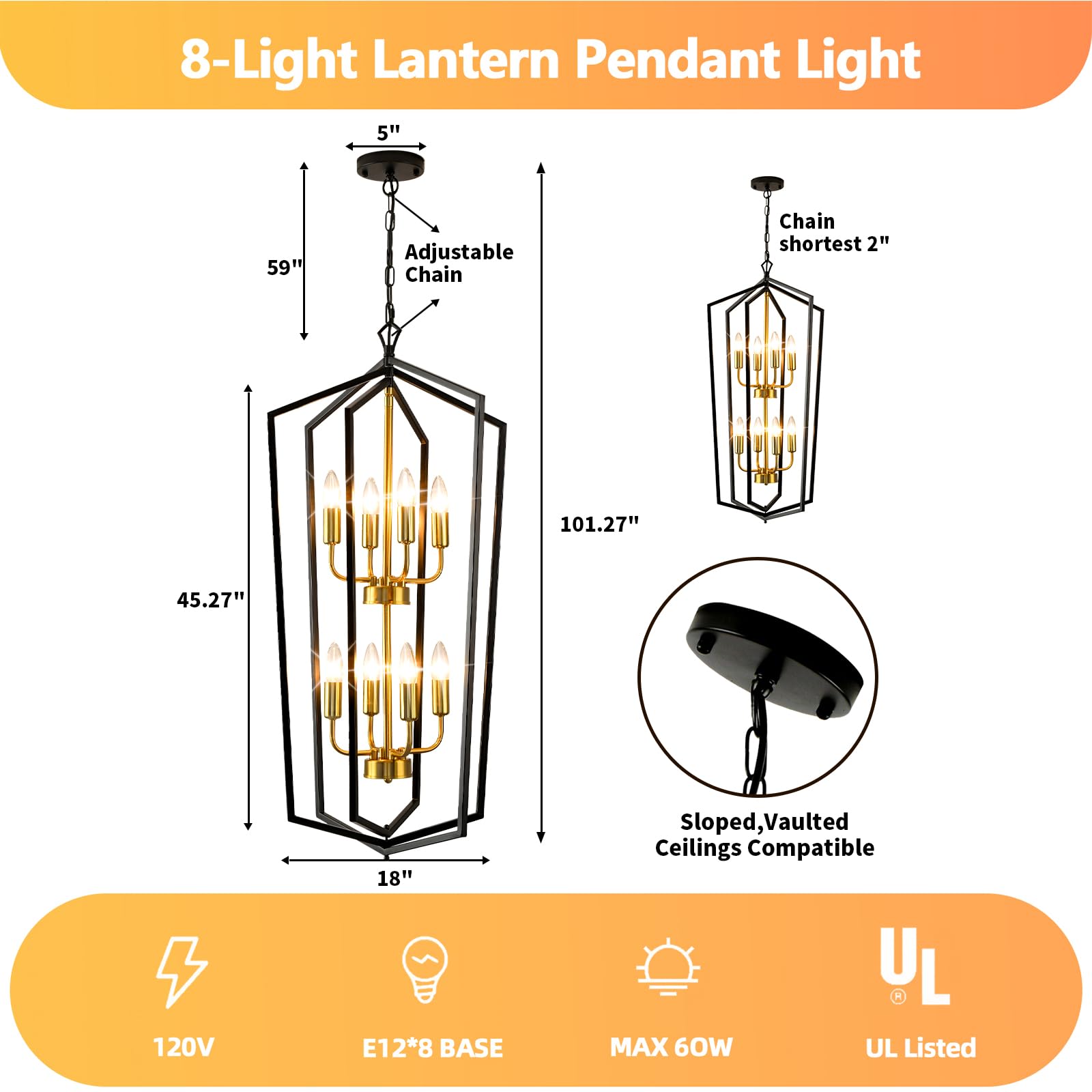 4-Light Lantern Pendant Light, 18.1" Gold Kitchen Pendant Light, Modern Geometric Chandelier, Adjustable Chain Cage Hanging Pendant Light Fixture for Bedroom, Kitchen Island, Foyer, Entrance