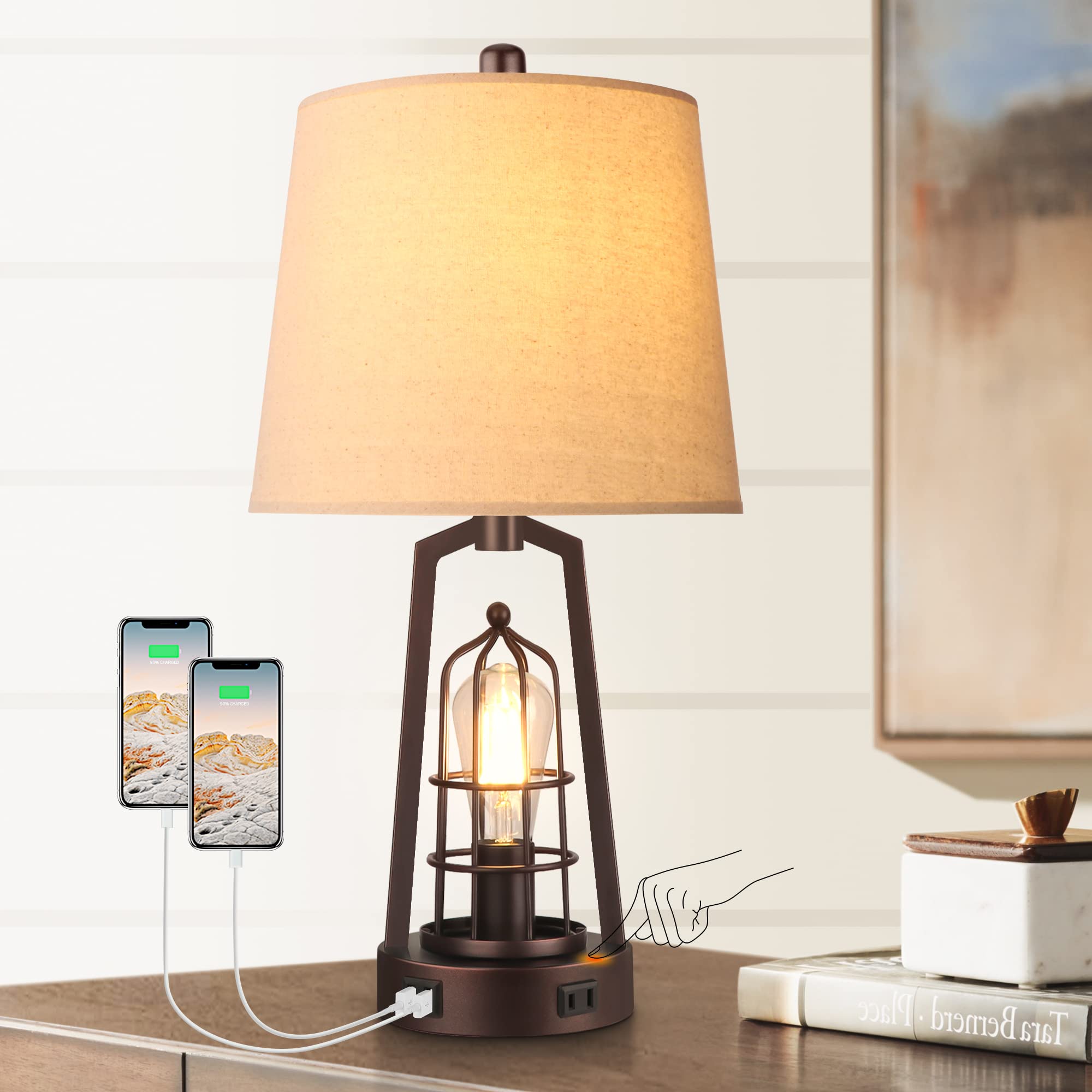 Farmhouse Bedside Lamp Touch Control, Dimmable Industrial Table Lamps for Bedrooms, Desk Lamp with USB Charging Port and Outlet, Rustic Bed Lamps for Living Room, Study Room, Office, Bulbs Included