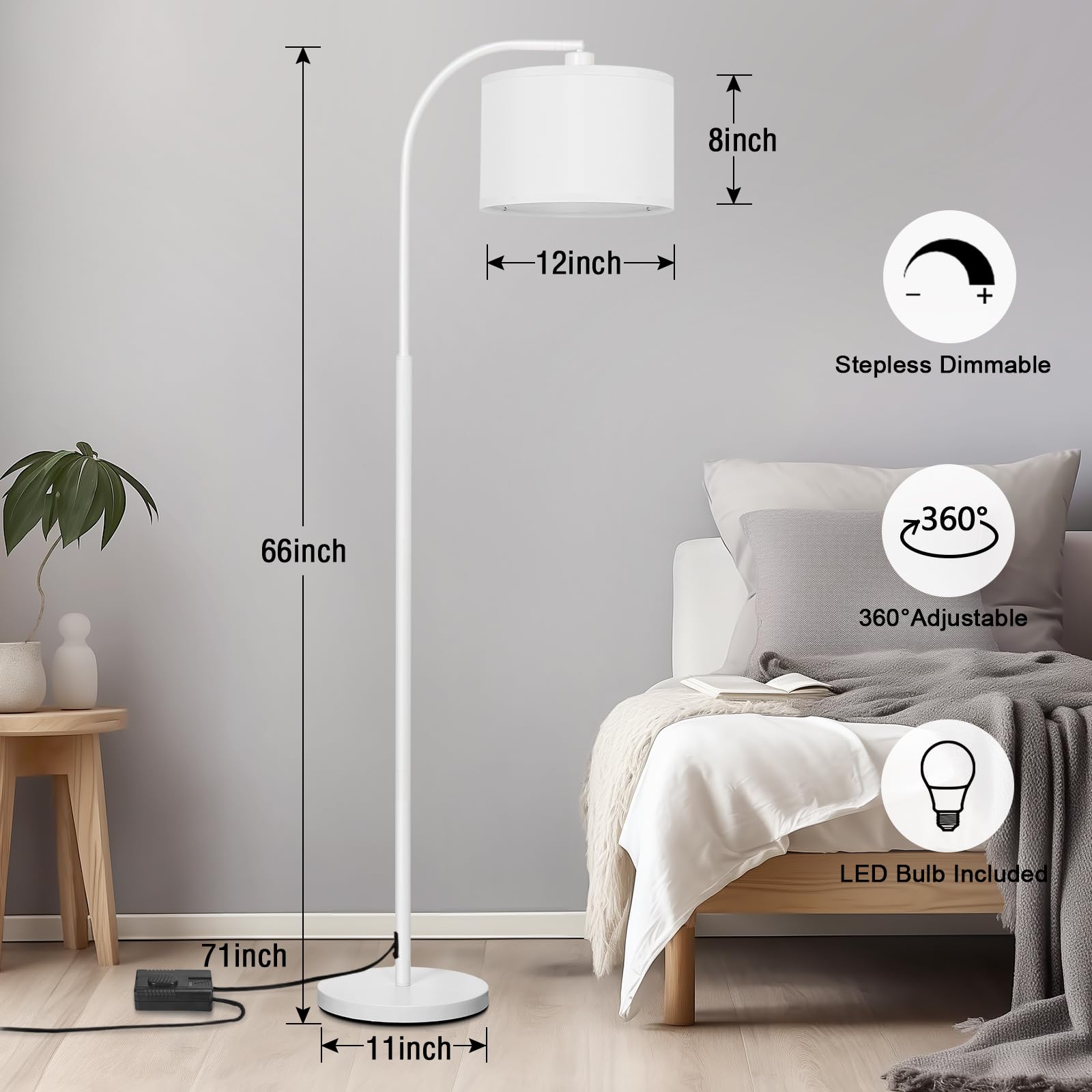 LED Floor Lamp Fully Dimmable Modern Standing Lamp Arc Floor Lamp with Adjustable Drum Shade, Gold Tall Pole Reading Lamp Corner Light for Living Room Bedroom Study Room, Bulb Included