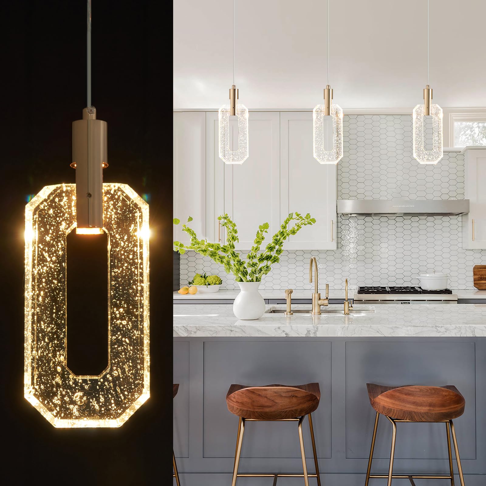 3 Lights Crystal Pendant Light Modern Cluster Chandelier - Dimmable LED Pendant Light Fixture with Brass Teardrop Design - Stylish Lighting for Kitchen Island, Dining Room, Hallway, Bathroom