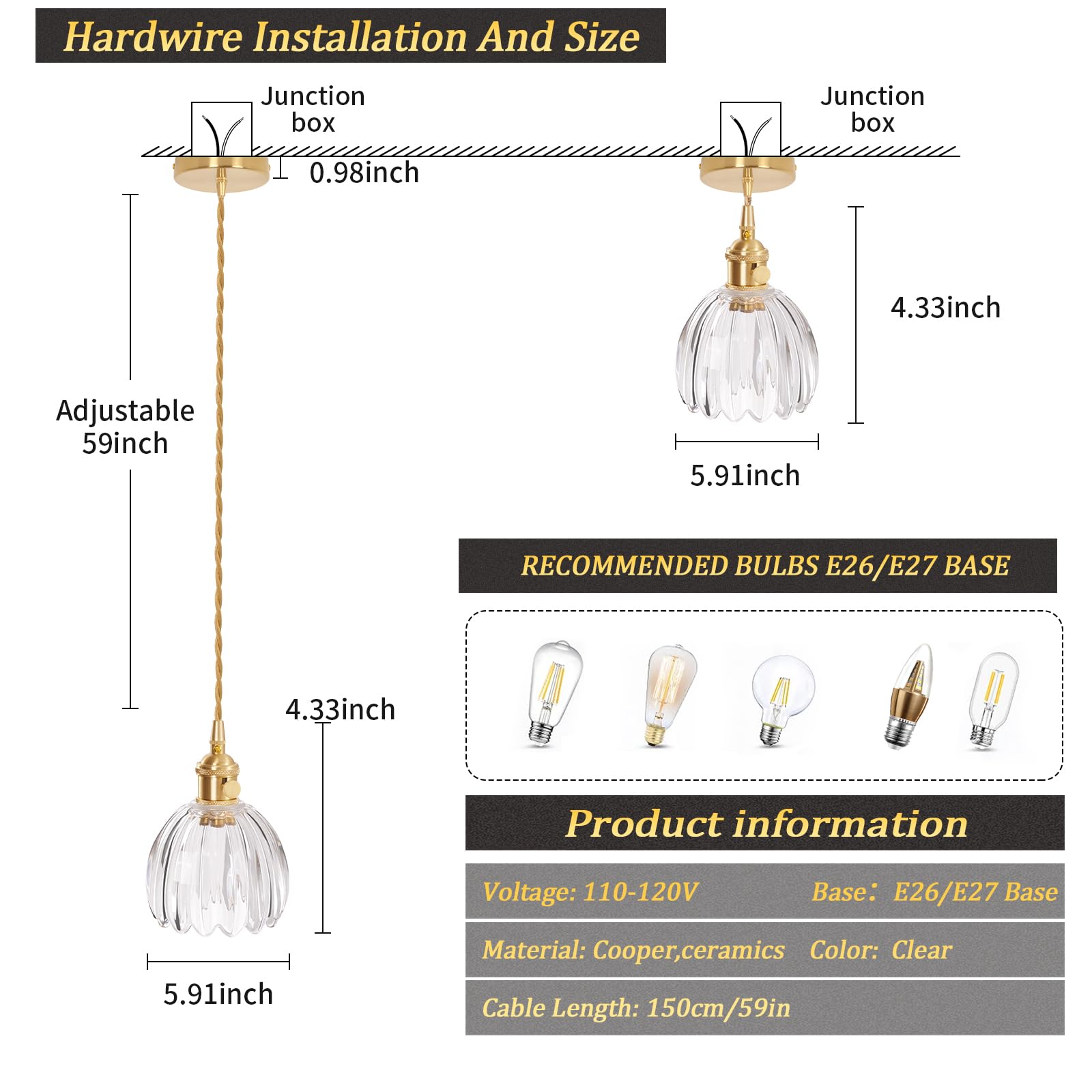 Pendant Light with White Pleated Ceramic Lmapshade, Brass Vintage Pendant Light Adjustable Hanging Light for Kitchen Island Dining Room Hallway 7.87 Inch Diam