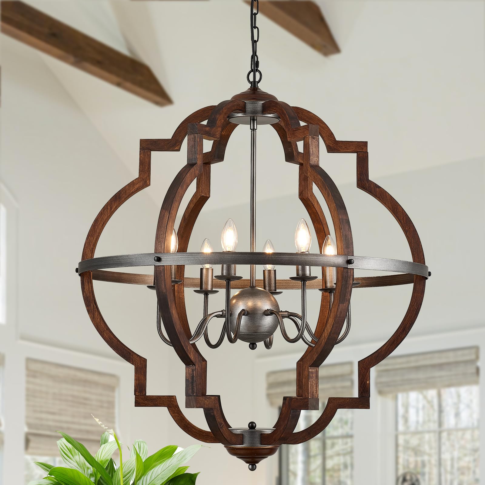 Wood Chandelier Light Fixture Antique Farmhouse 23.6" Caged Candle Style Ord Chandelier Industrial Rustic 6-Lights Wooden Chandelier for Dining Room, Kitchen, Living Room, Bedroom, E12