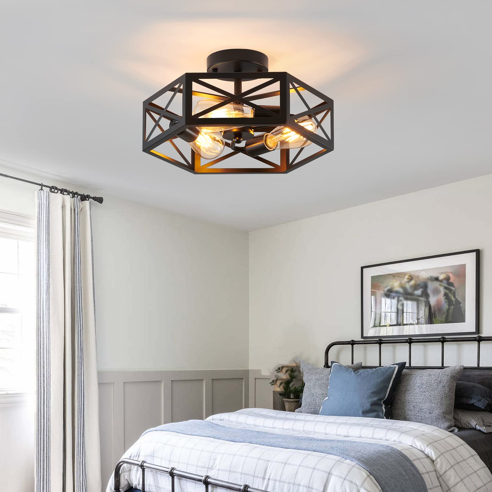 Semi Flush Mount Ceiling Light Fixture, Modern Farmhouse 3-Light Black Ceiling Light, Industrial Close to Ceiling Light with Metal Hexagon Cage Ceiling Lamp for Kitchen, Hallway, Bathroom