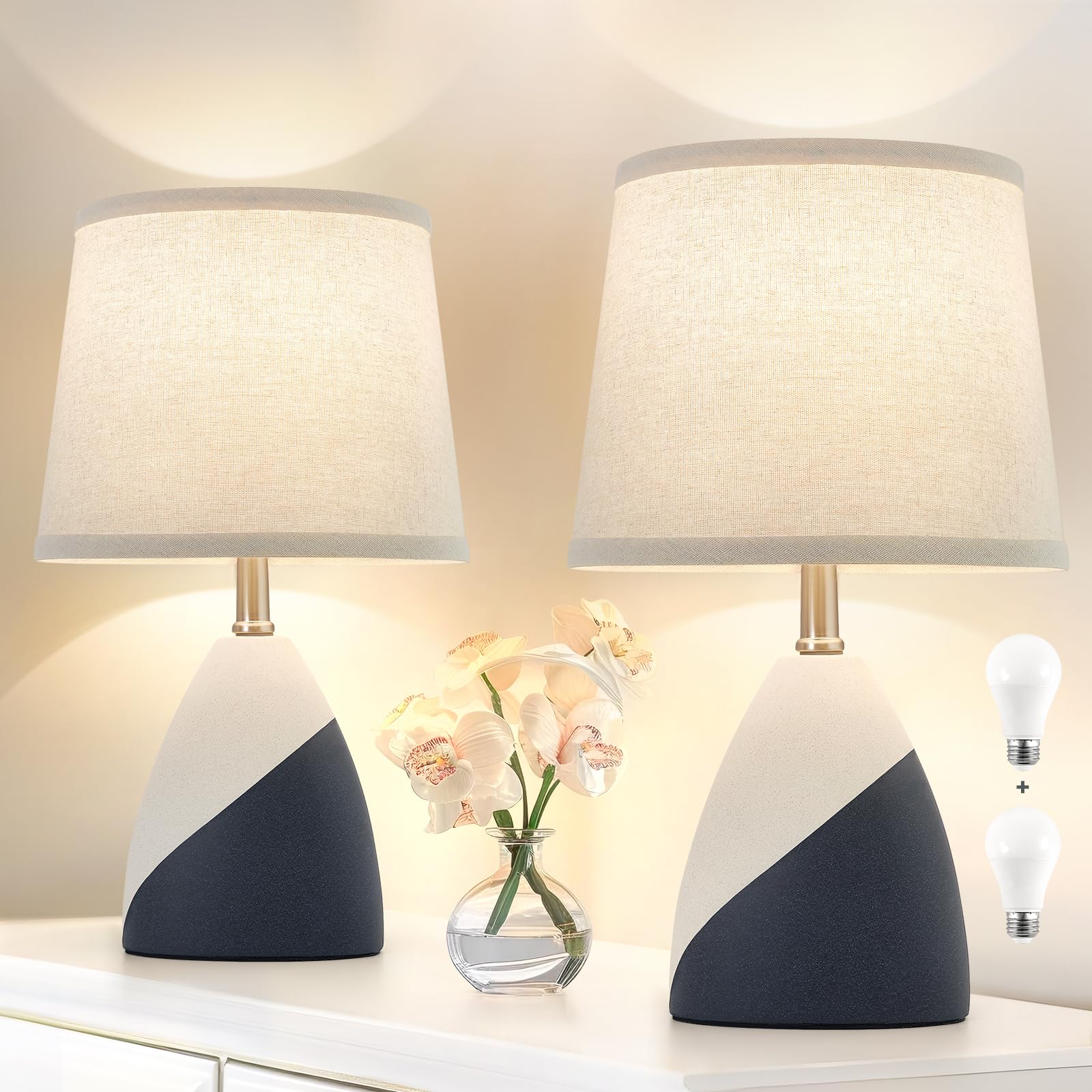 Table Lamps Set of 2, 19” Ceramic Modern Table Lamp Beside Lamps Nightstand Lamp Modern Table Lamp for Living Room, Bedroom & Office Rocker Swtich, Black White-LED Bulbs Included