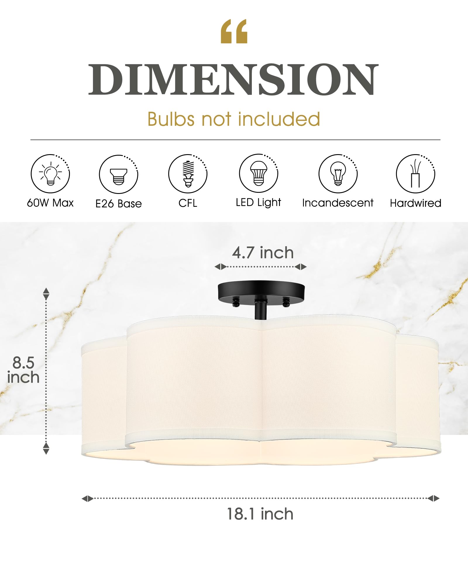 Gold Semi Flush Mount Ceiling Light, Close to Ceiling Light Fixtures with Fabric Shade in Quatrefoil Shape, Farmhouse Brass Ceiling Light for Kitchen Dining Hallway Bedroom, AD-22007-4SF-GD