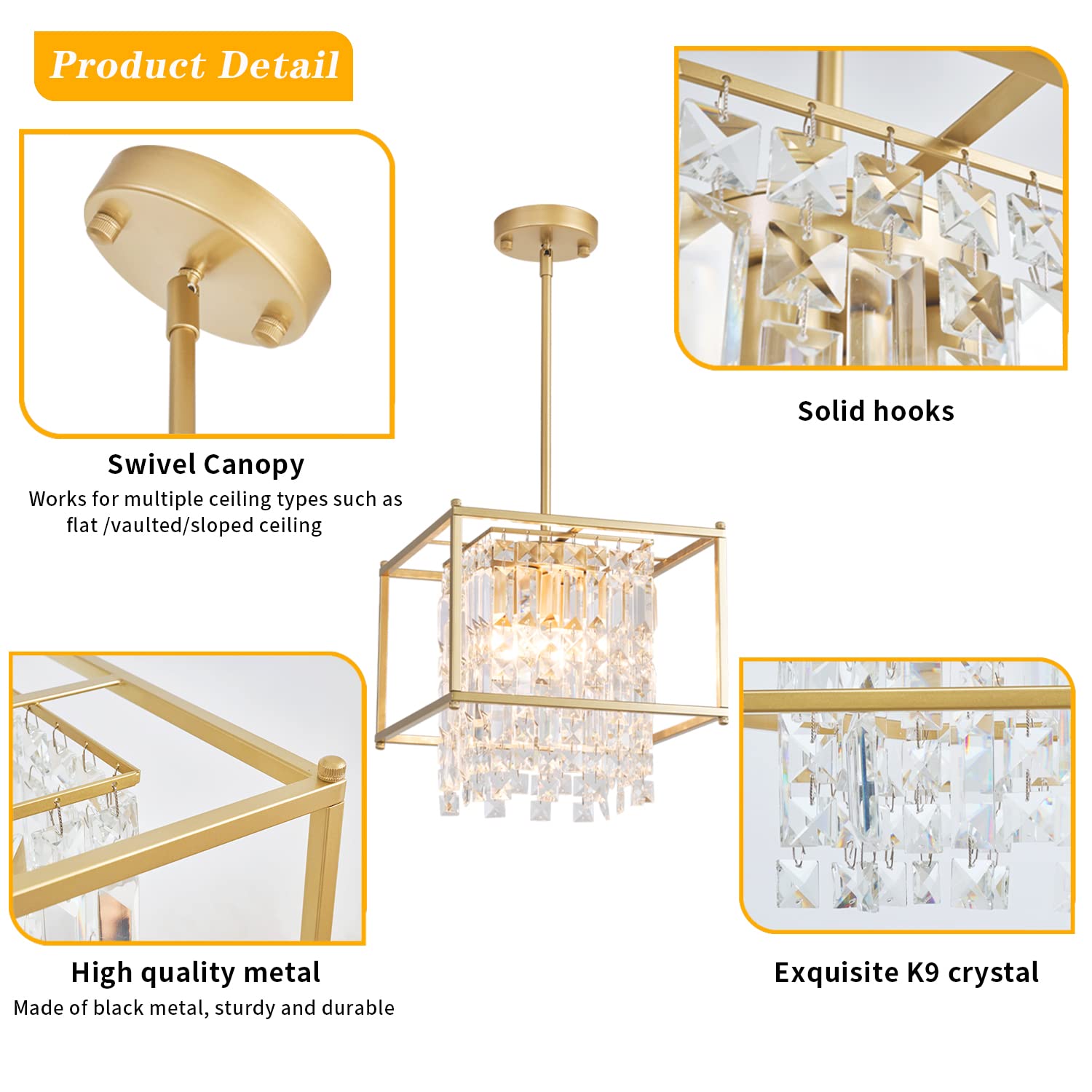 Gold Crystal Chandelier Industrial Pendant Light 11.81 inch Square 4 Lights Modern Vintage Semi Flush Mount Ceiling Light Fixture for Kitchen Island Dining Room Living Room Bedroom