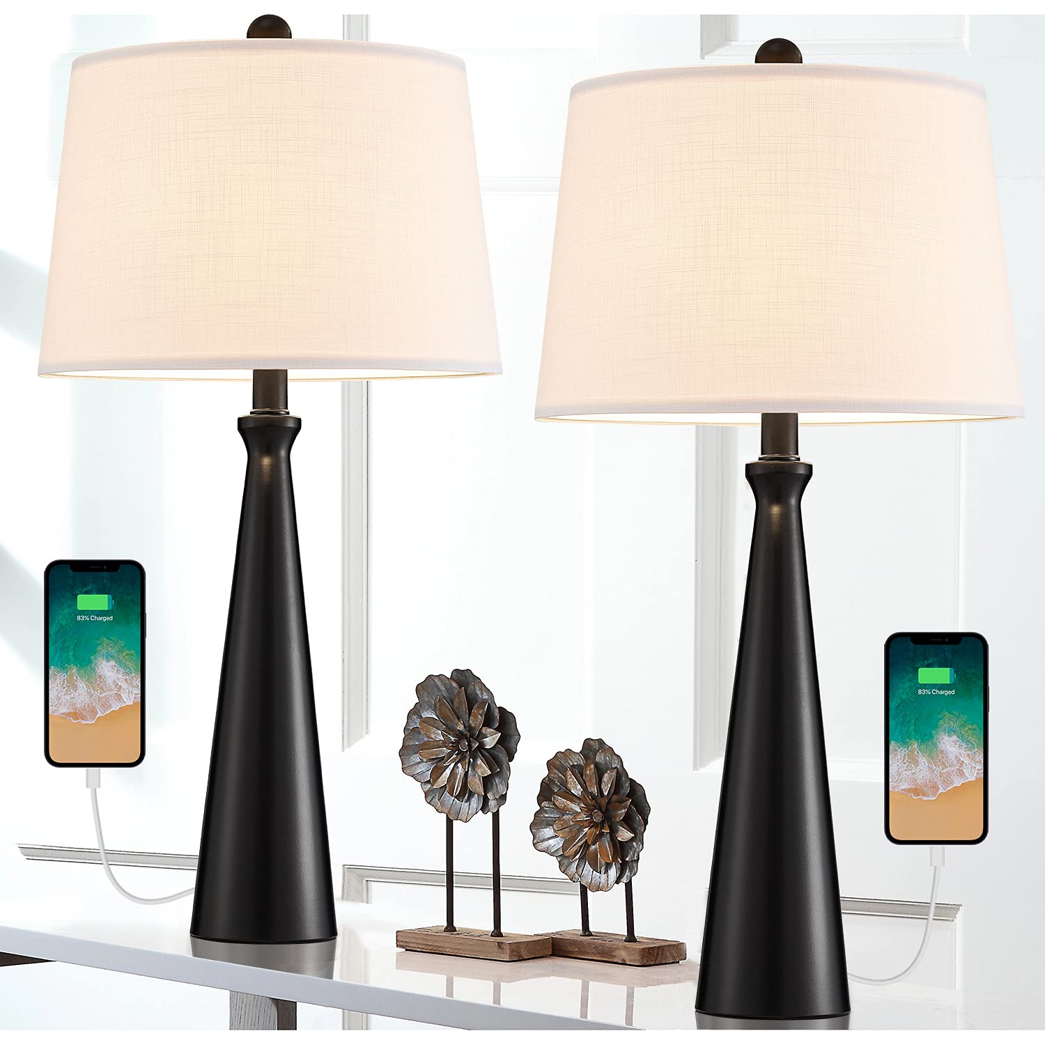 Modern Table Lamps with USB Port Set of 2 Accent Gold Nightstand Lamp for Living Room Bedroom Office Black