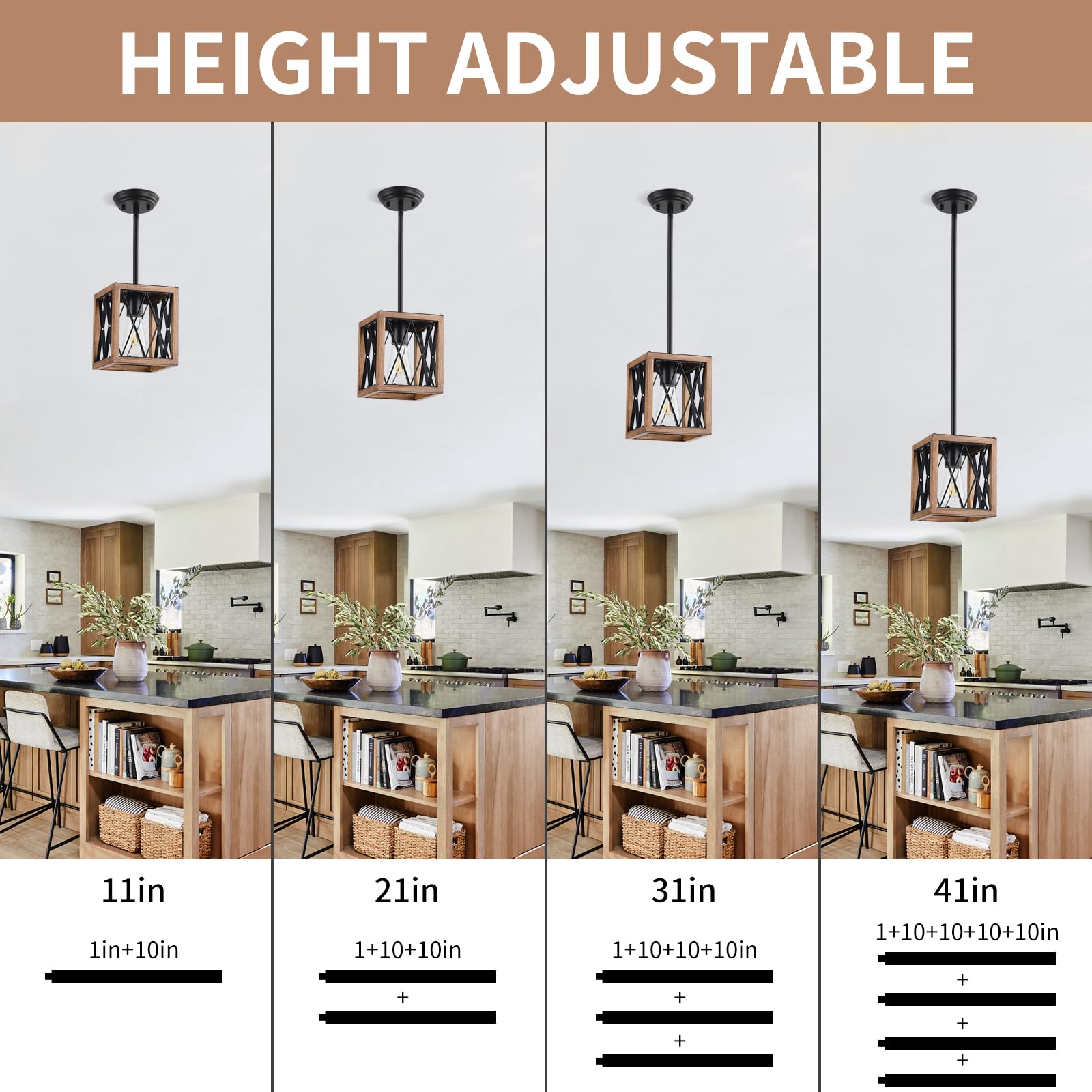 KEESFU 5-Light Dining Room Light Fixture, Farmhouse Kitchen Island Lighting,Adjustable Height Pendant Light, Rustic Linear Chandelier for Kitchen, Dining Room Table, Pool Table. (Wood Grain Color)