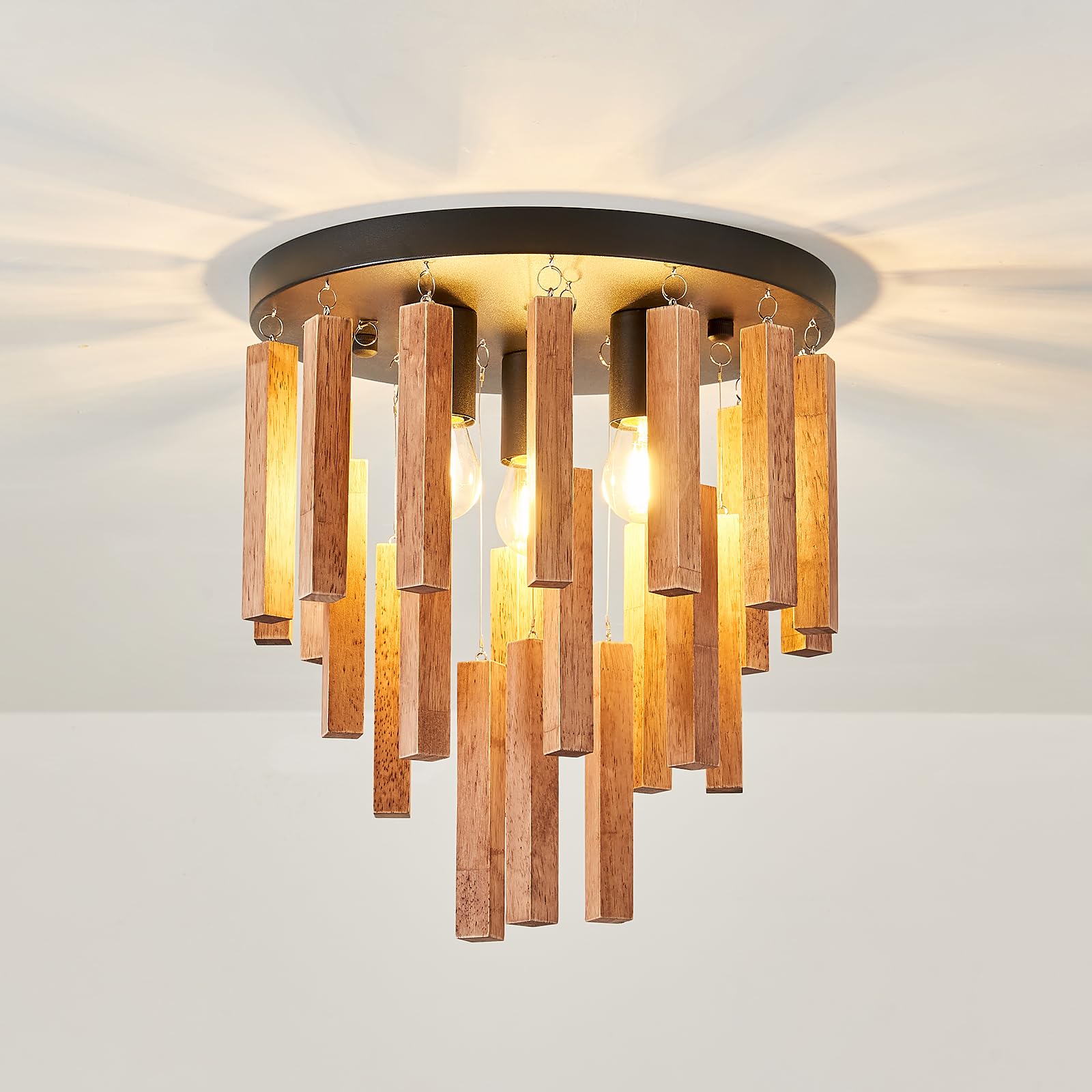 3-Light Semi Flush Mount Ceiling Lights Boho Wood Light Fixture Farmhouse Chandelier Oak and Black Ceiling Lighting with E26 for Kitchen Living Room Entryway Bedroom Dining Room…