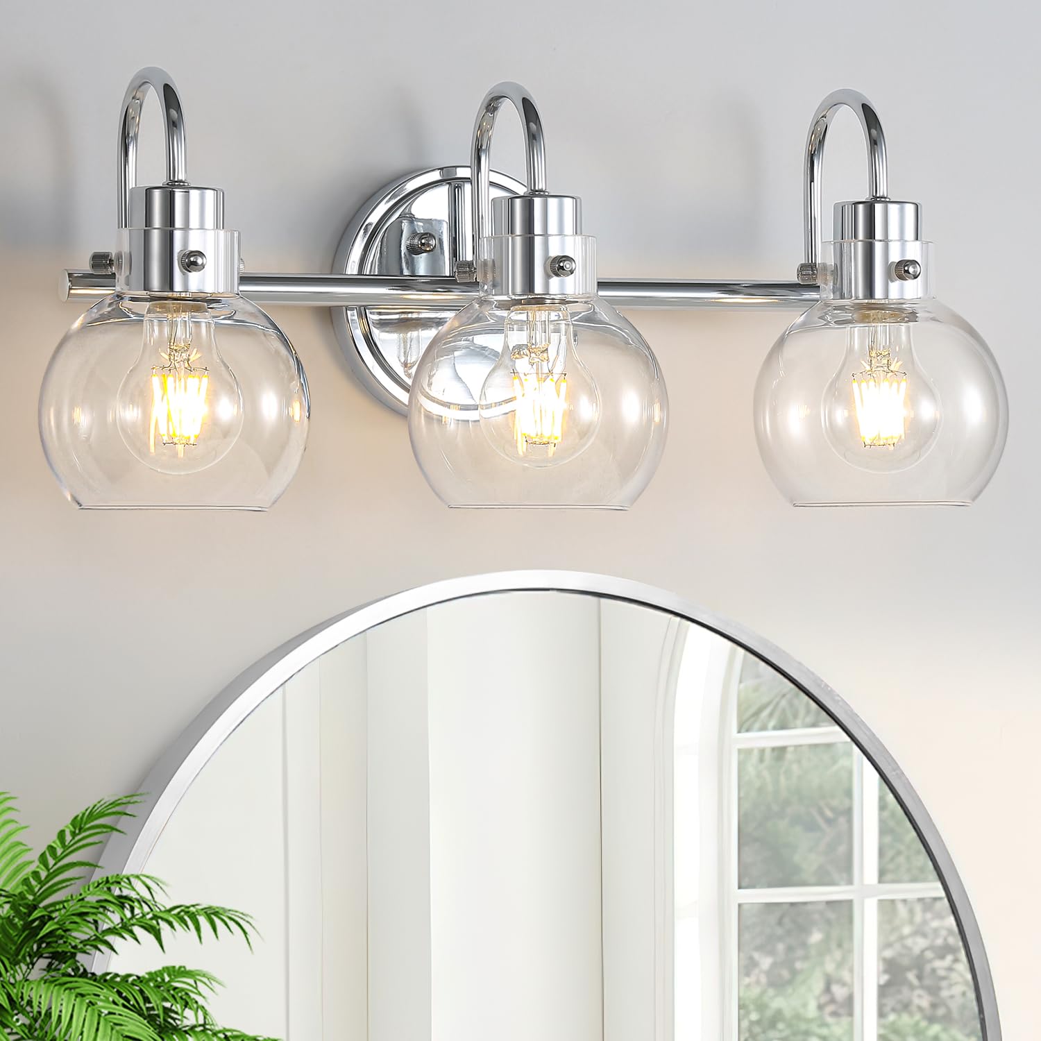 3 Lights Vanity Light, Brushed Nickel Bathroom Light Fixtures, Farmhouse Wall Sconces with Globe Clear Glass Shade, Porch Wall Mount Lamp for Mirror, Kitchen, Porch, Living Room, Workshop (E26 Base)