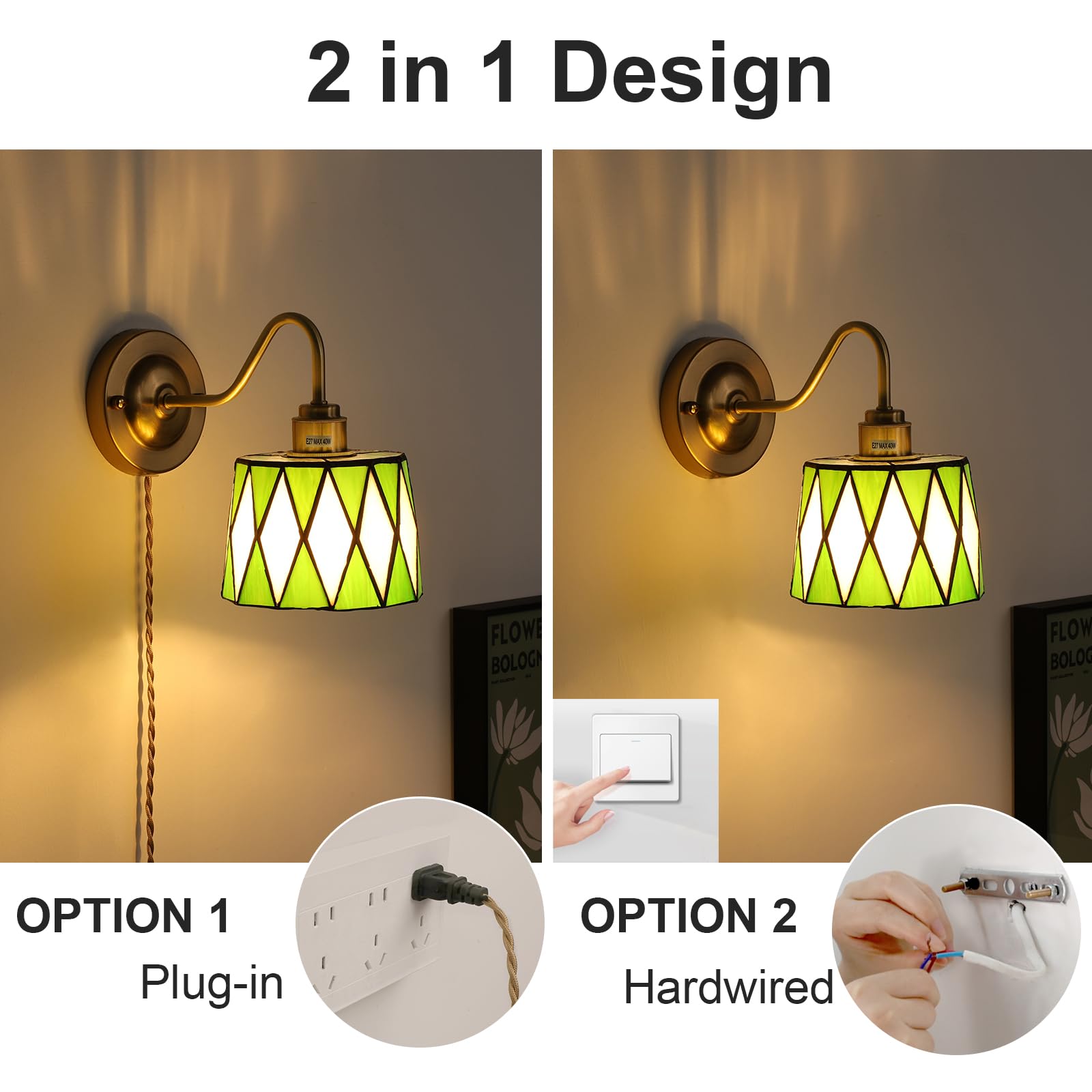 Wall Sconce, Wall Mounted Lamps with Green Checker Sconce, Stained Glass Shade Brass Wall Lights Fixture with Plug in Cord and Switch for Bedroom Bathroom Living Room Hallway