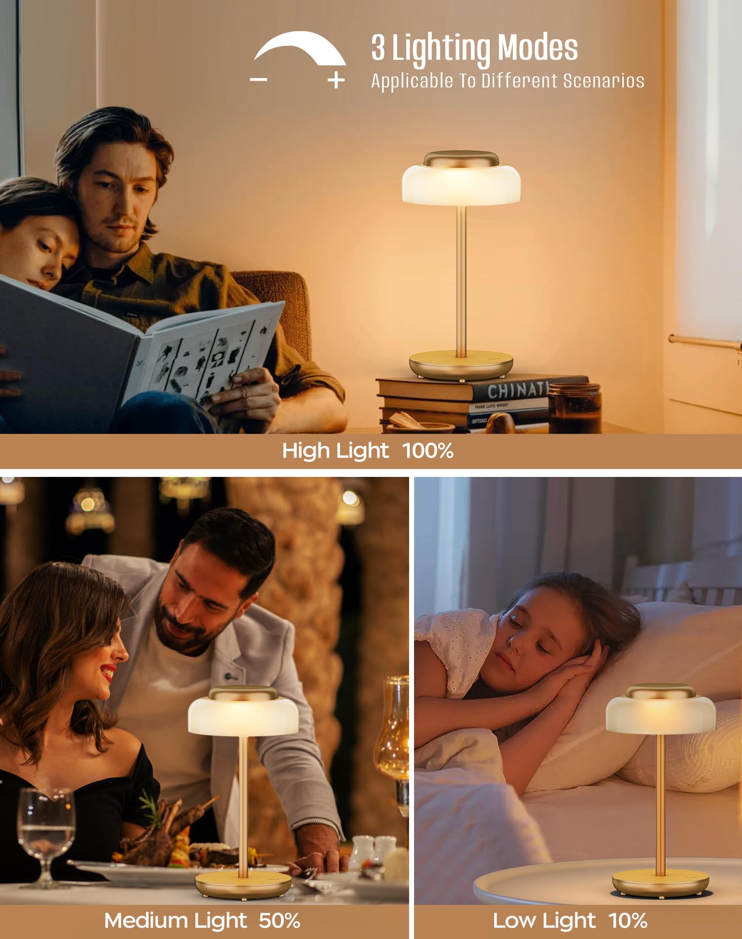 Battery Operated LED Table Lamp, 5000mAh Waterproof Cordless Desk Lamp with 3 Level Brightness Touch Control, Mini Rechargeable Night Light for Living Room, Bedroom, Outdoor bar (Black)