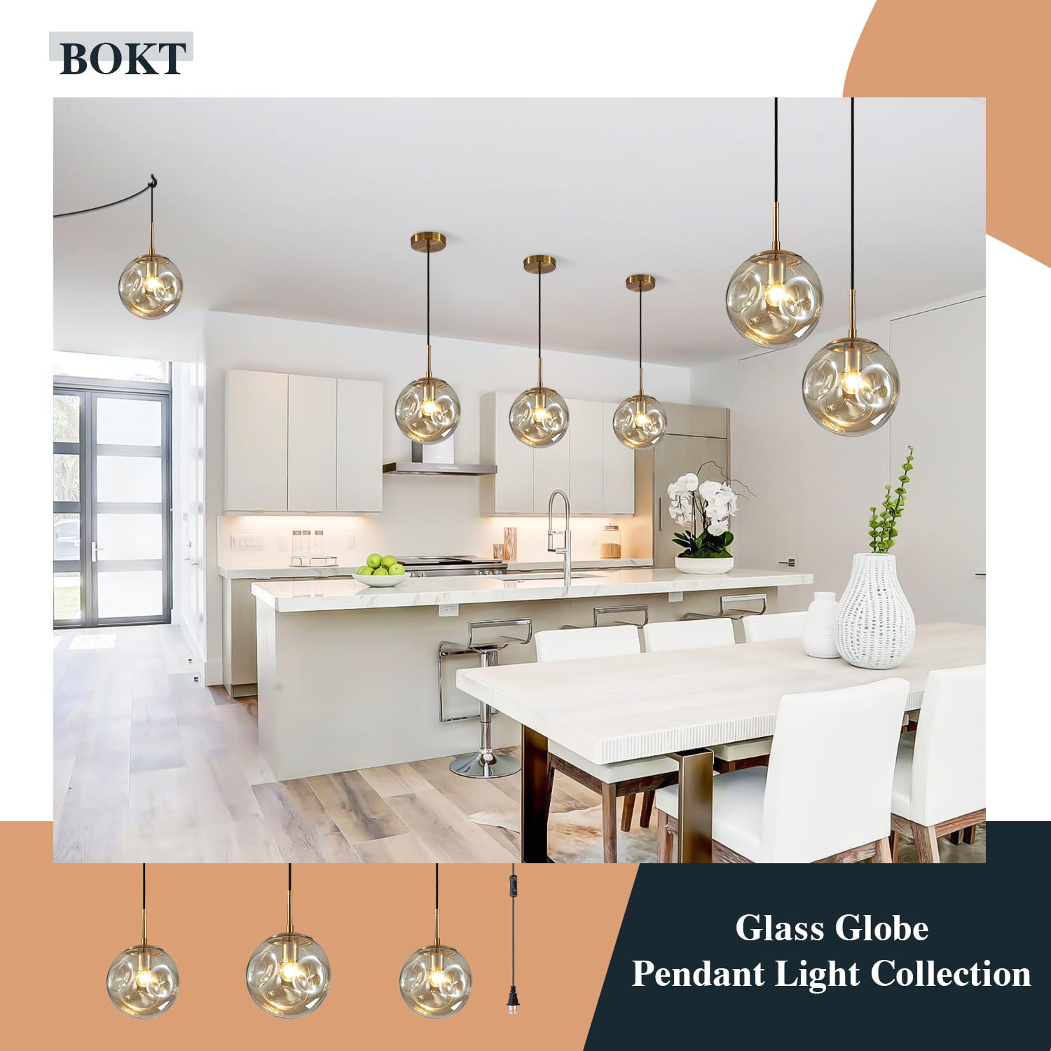 BOKT Modern Gold Kitchen Island Pendant Light Mid Century 3-Lights Globe Pendant Light Fixture Cluster Multi Light Pendant Lighting Bedside Glass Ball Pendant Lamp