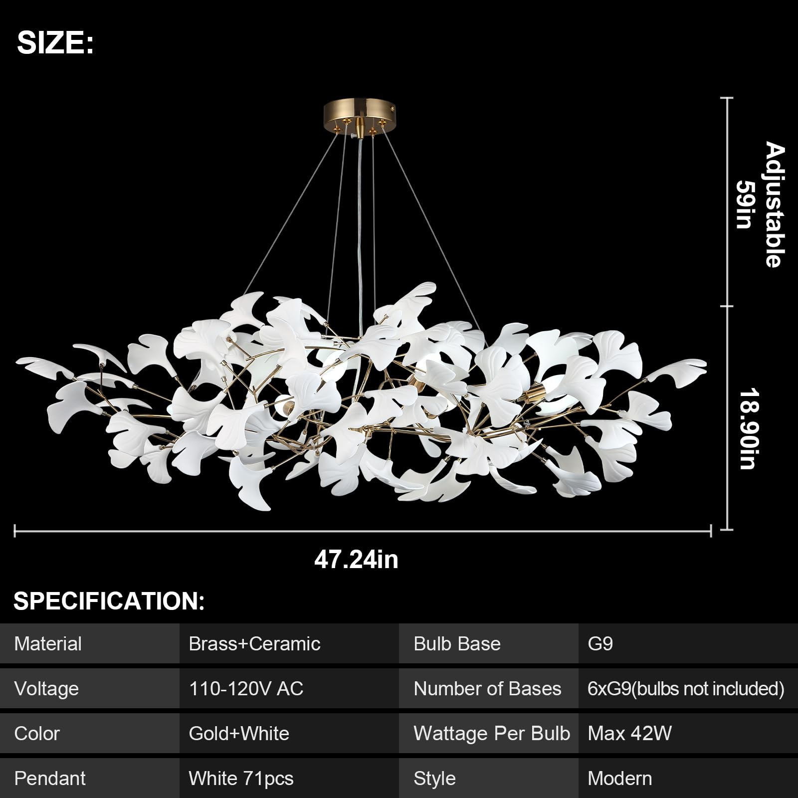 59 Inch White Rectangle Chandelier Ceramic Ginkgo Leaf Chandeliers Brass Large Chandeliers Modern Art Deco Chandelier for Dining Room Living Room,10-Light