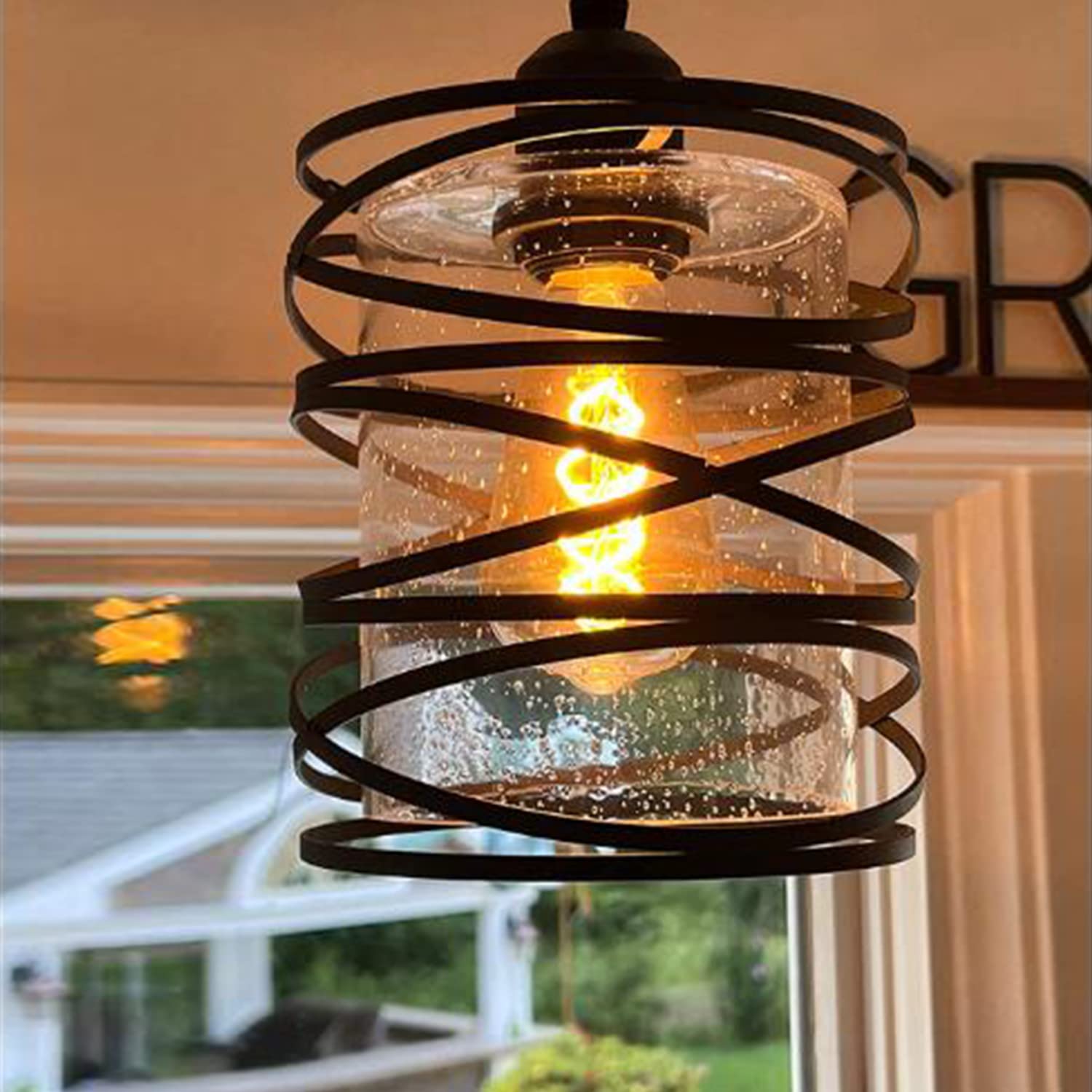 Modern Mini Pendant Light Fixture Kitchen Island Pendant Lighting 6.30''Matte Black Spiral Cage Handblown Clear Seeded Glass Shade Hanging Lamp Adjustable Cord for Dining Room 1-Pack,E26