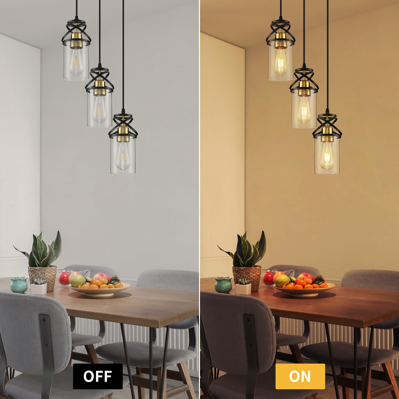 Modern Pendant Light Fixture Farmhouse Hanging Light with Clear Glass Shade, Industrial Black and Gold Pendant Lighting for Kitchen Island Dining Room Bedroom