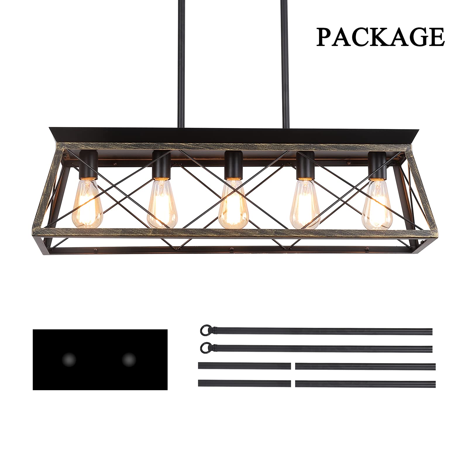 Farmhouse Chandeliers for Dining Room, Rustic Kitchen Island Light Fixture, 5-Light Linear Pendant Lighting Rectangular Chandelier, Metal Solid Ceiling Lights Black