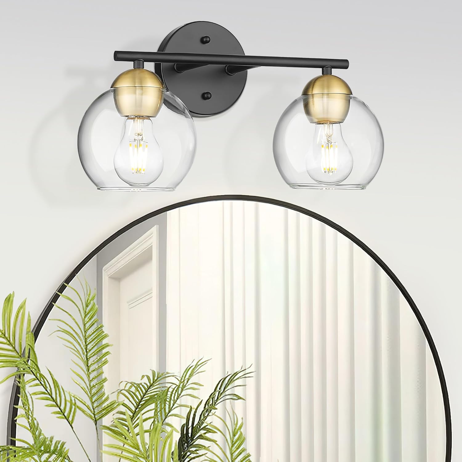 Black Vanity Lights for Mirror, Modern Farmhouse 2-Light Bathroom Light Fixtures Globe Bathroom Vanity Light with Milk Glass Shade, VL114-BK-ML-2