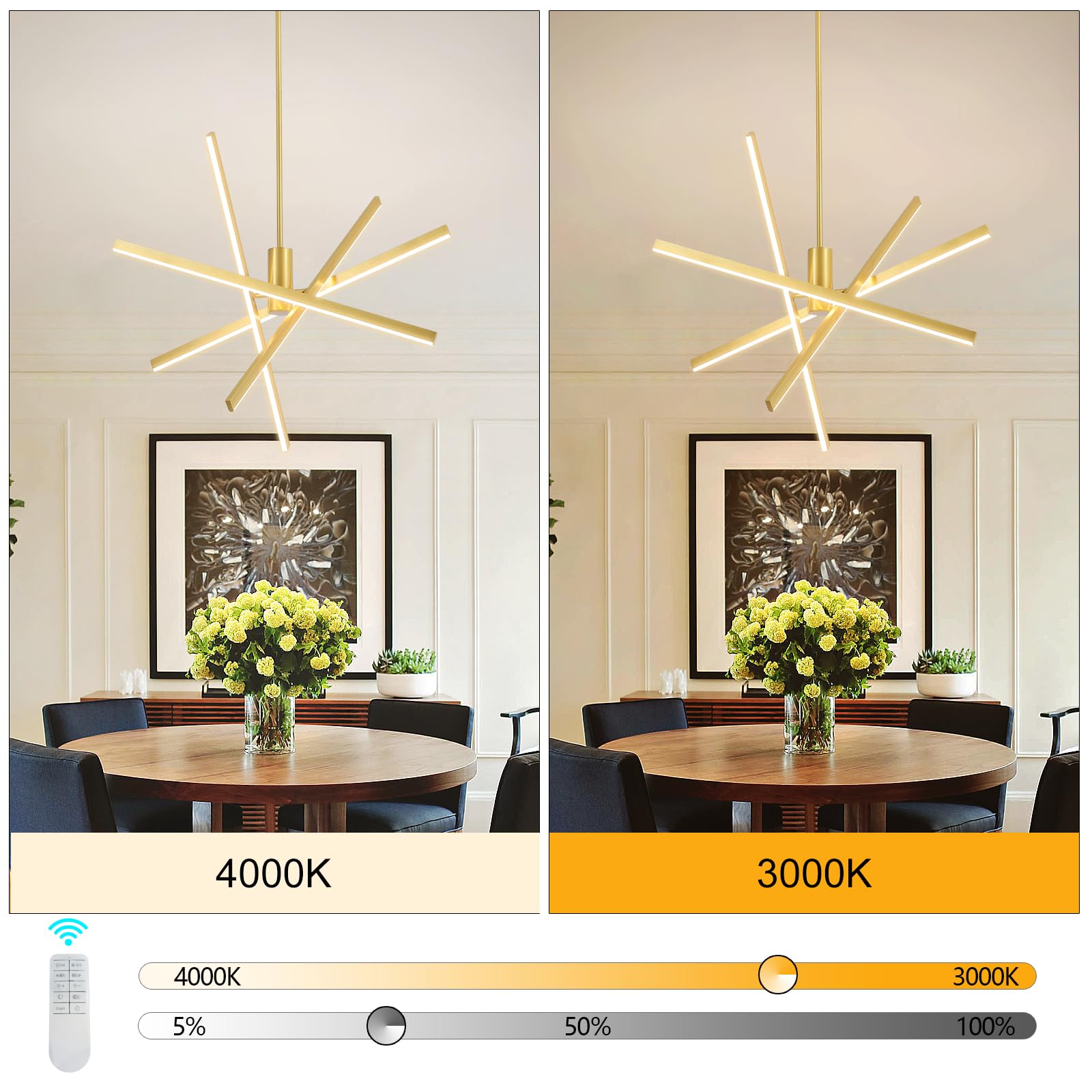 Modern LED Chandeliers for Dining Room,Black and Oak White Farmhouse Sputnik Dimmable Chandelier with Remote for Living Room Kitchen Office Hotel Restaurant Lobby