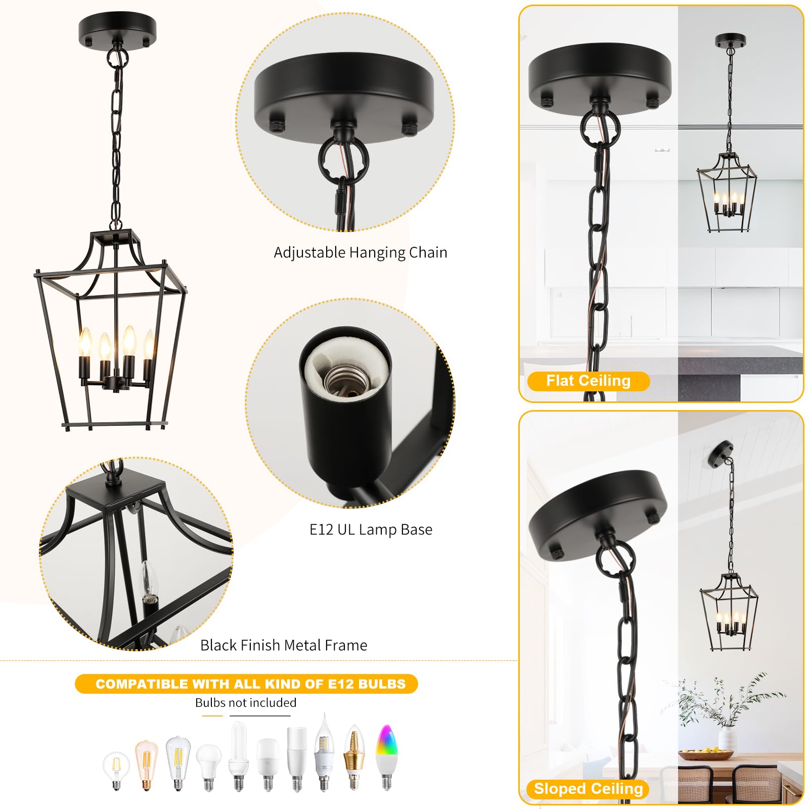 Farmhouse Kitchen Island Lighting Black Pendant Light Fixtures 4-Light Dining Room Lights Wood Chandelier Adjustable Hanging Pendant Lighting for Kitchen Island