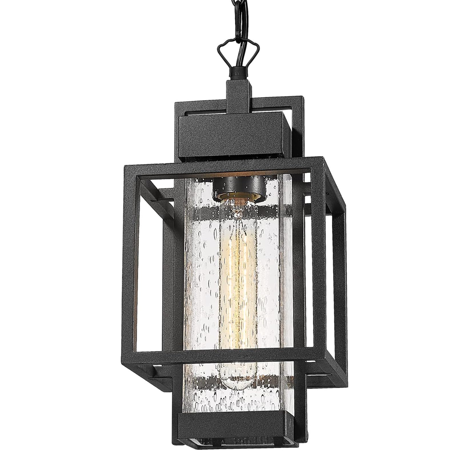 Outdoor Indoor Pendant Light Exterior Hanging Lantern, 11.4" Modern Outside Ceiling Chandelier for Front Porch Entrance Foyer Entryway, Aluminum, Crack Glass, G6001/1H-SBK