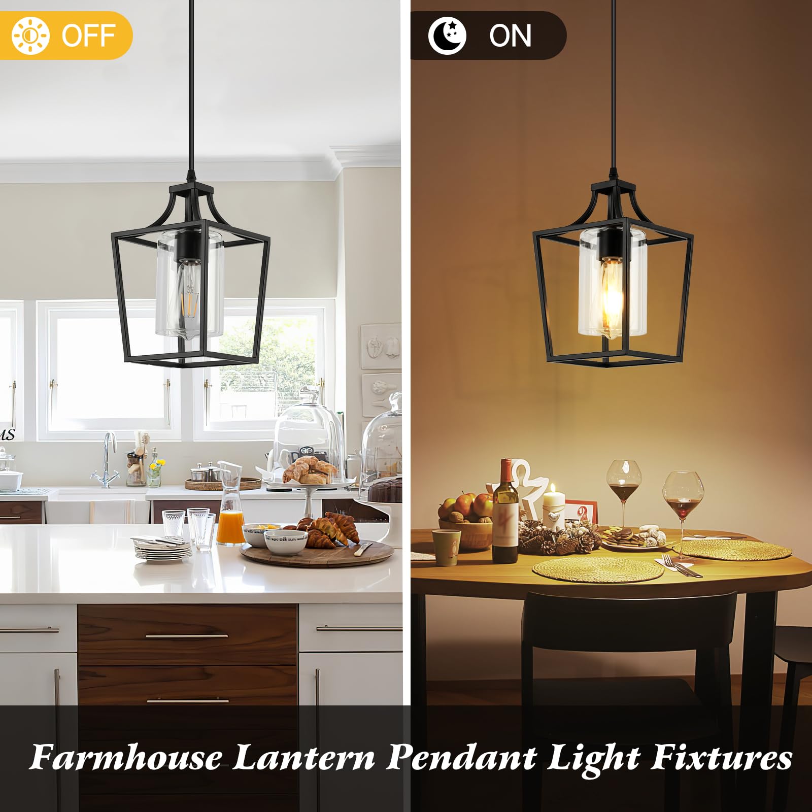 Farmhouse Kitchen Island Lighting Black Pendant Light Fixtures 4-Light Dining Room Lights Wood Chandelier Adjustable Hanging Pendant Lighting for Kitchen Island